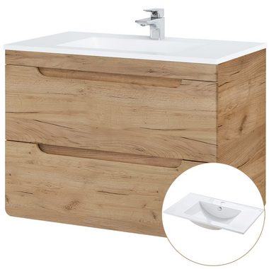 Lomadox Badmöbel-Set LUTON-56-CRAFT, (Spar-Set, 4-St., 4-tlg), Waschtisch und Spiegelschrank in Wotan Eiche Nb., 81/200/46 cm
