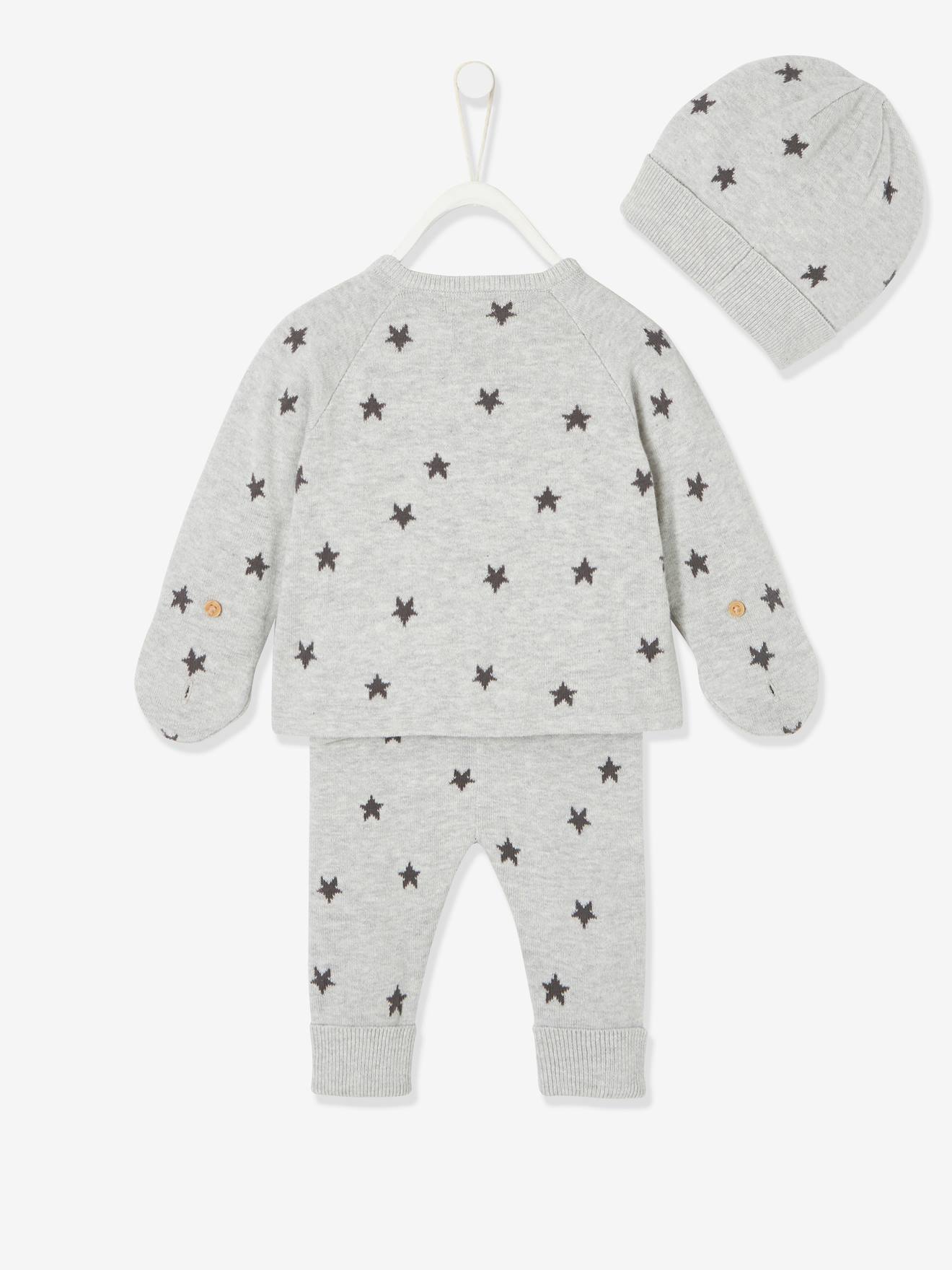 Ensemble 4 pièces bébé : pull + pantalon + bonnet + moufles gris clair chiné