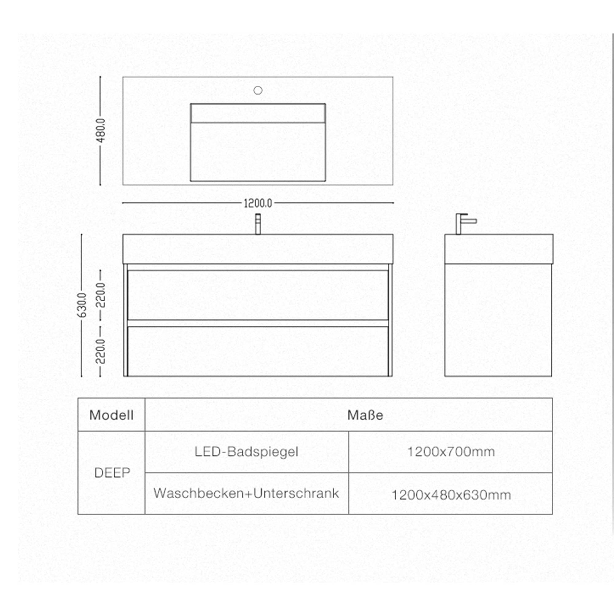 doporro Badmöbel-Set Design 120x48x63cm Badmöbel-Set Deep Waschplatz Wandmontage, Wasser abweisend, großer Stauraum