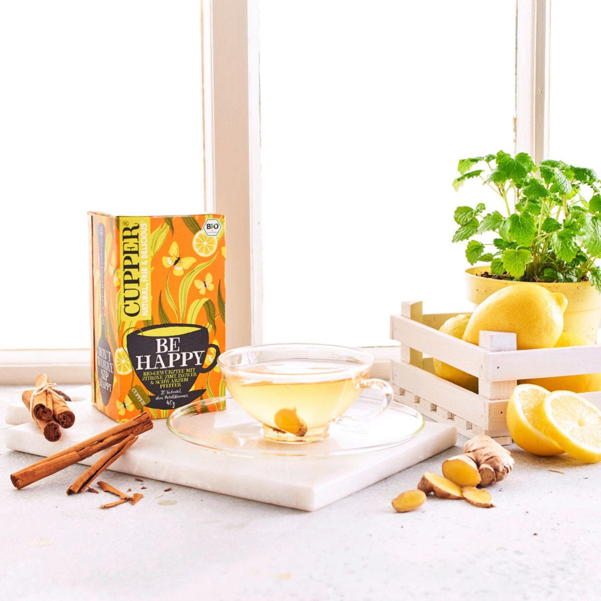Gewürztee \Be Happy\ mit Zitrone, Zimt, Ingwer, schwarzer Pfeffer (20 Beutel), 40 g