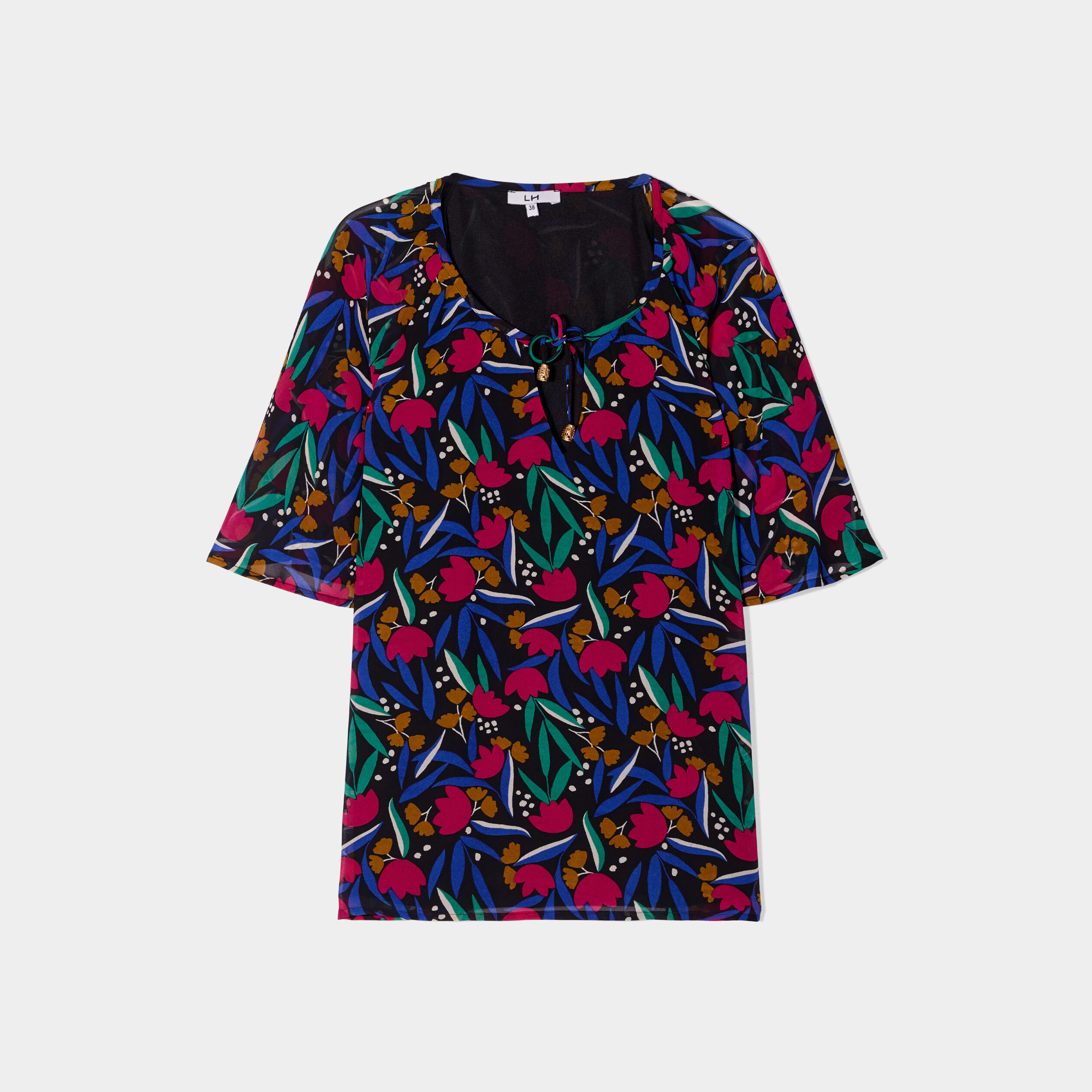 Blouse col tunisien avec cordons noir femme | La Halle