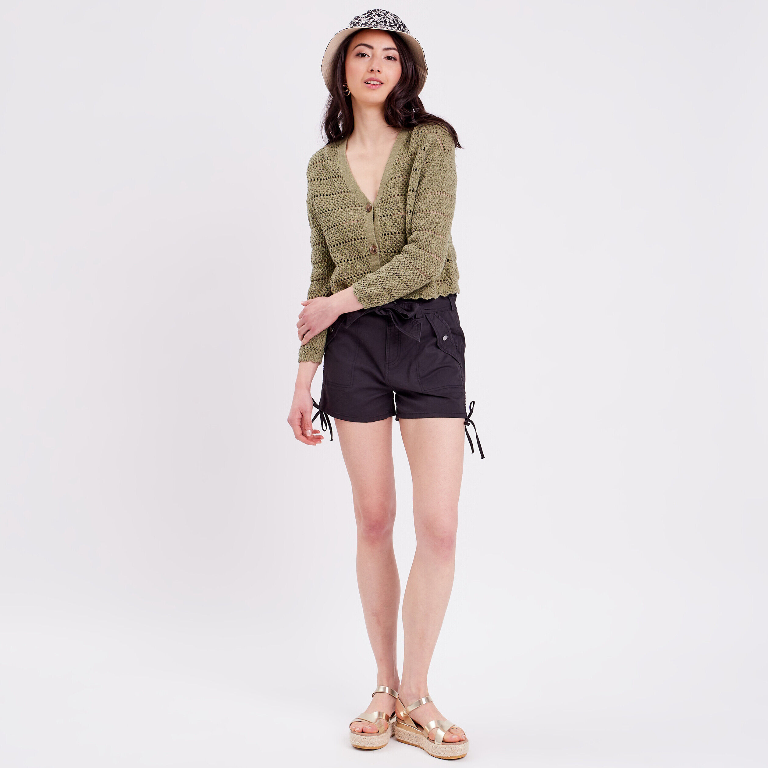 Gilet boutonné aspect crochet vert kaki femme | Cache Cache
