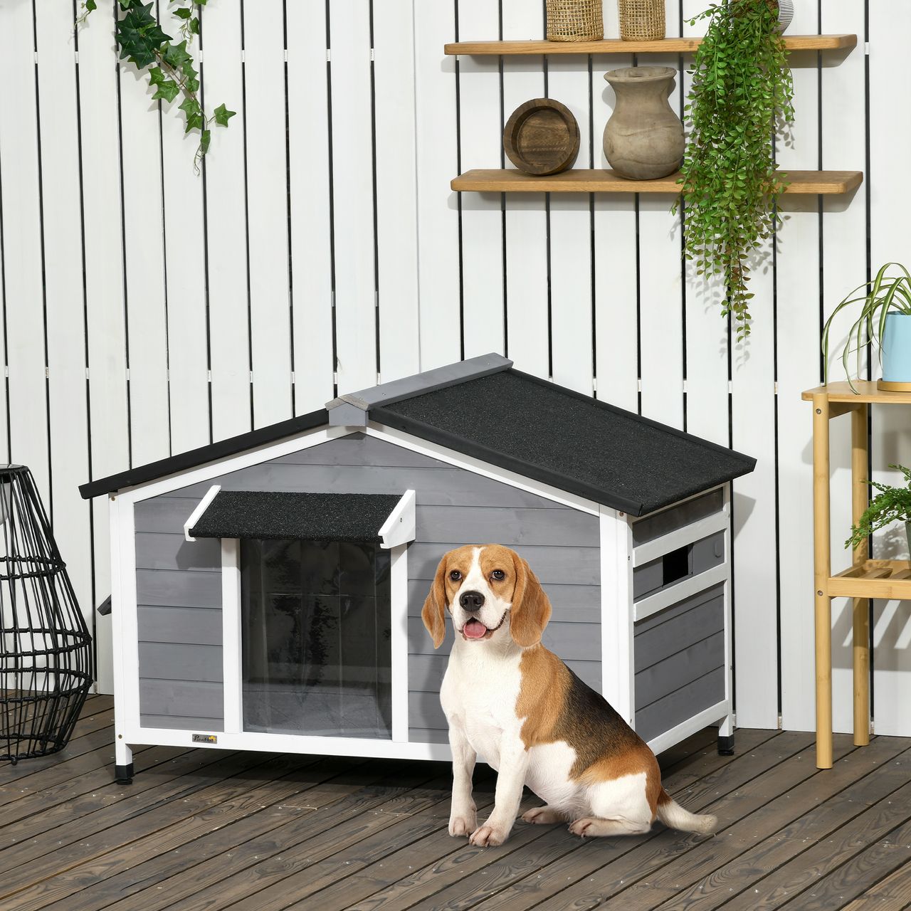 PawHut Hundehütte, Tannenholz, Hundehaus mit Asphaltdach, Outdoor, Wetterfeste