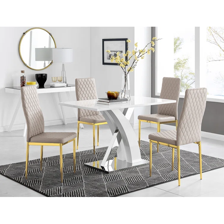 White High Gloss Dining Table Set with 4 Luxury Faux Leather Dining Chairs