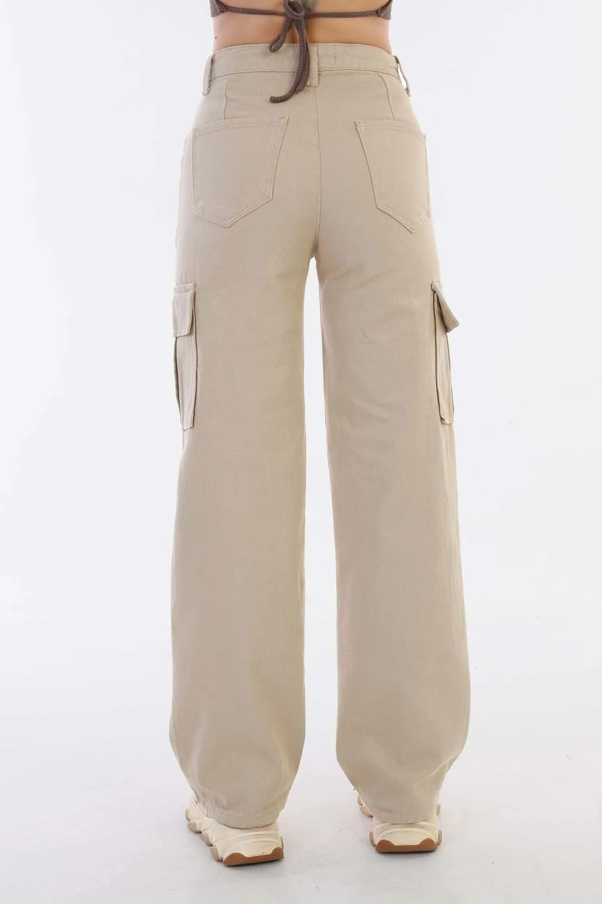 BİKELİFE  Beigefarbene Cargohose mit hoher Taille und weitem Bein für Damen