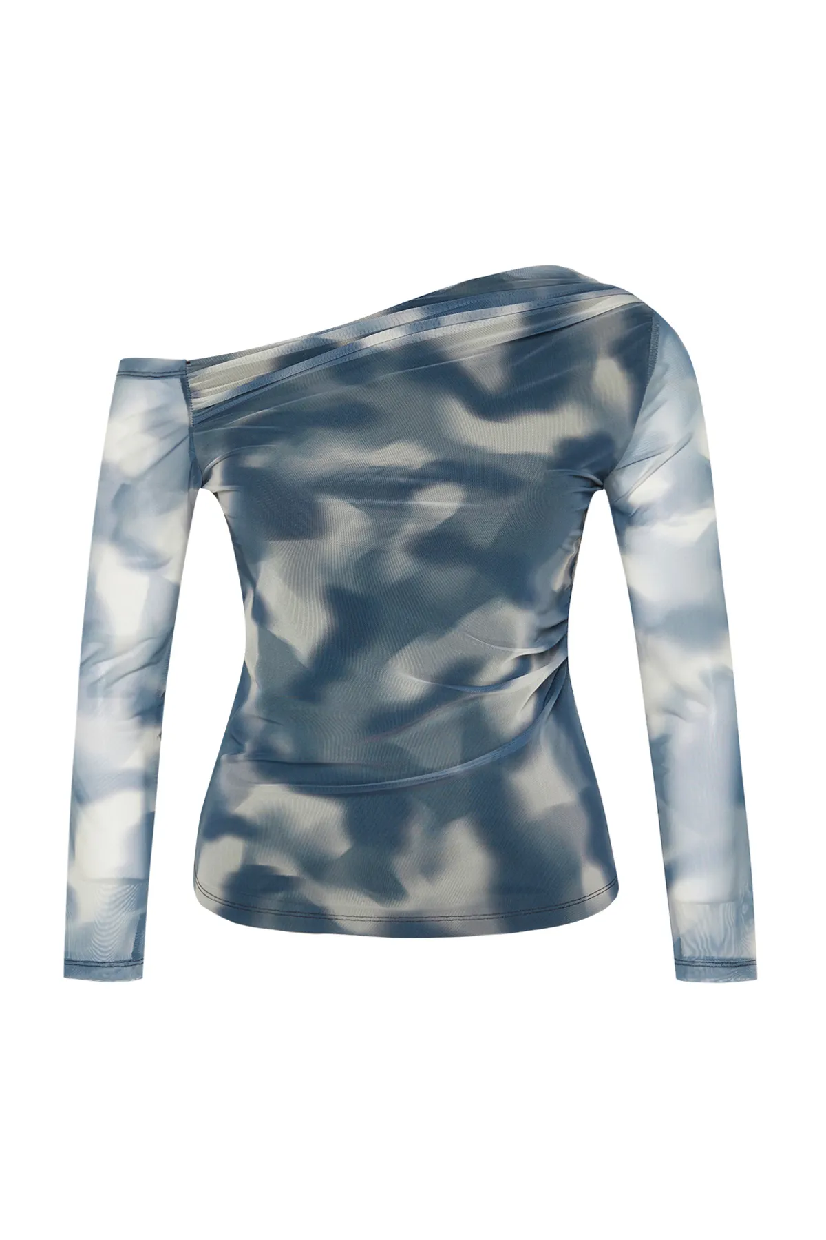 Trendyol Curve  Indigofarbene, mit Tüll gefütterte Strickbluse mit asymmetrischem Kragen TBBSS24AF00025