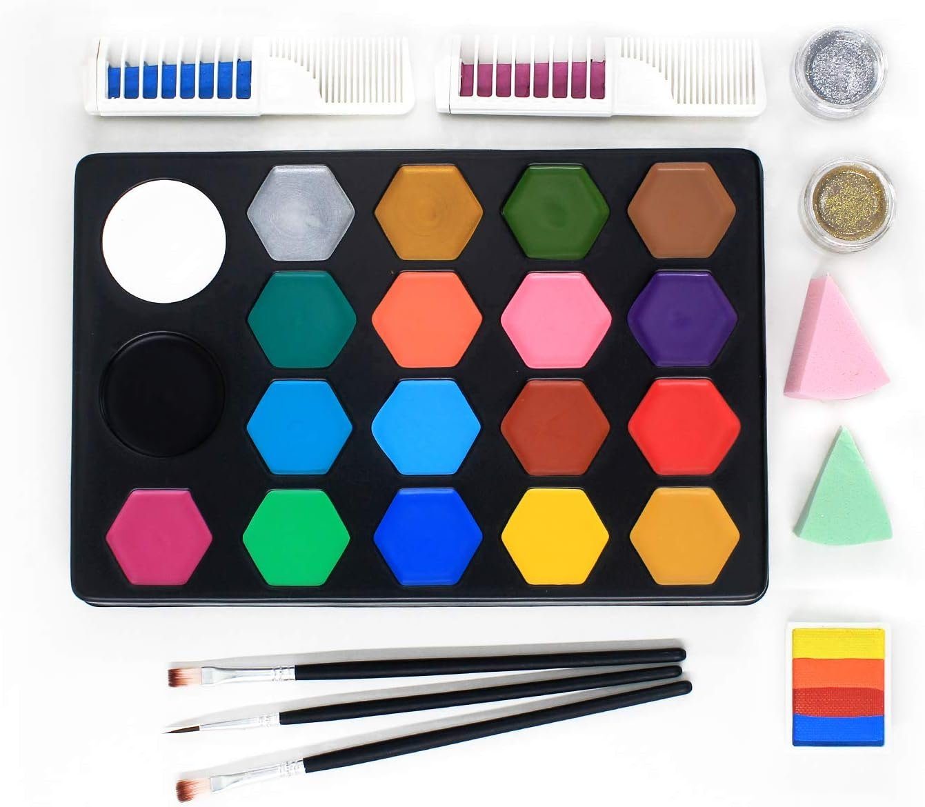 Diyarts Schminkstift (umfangreiches und sicheres Face-Painting-Kit, 19-tlg), 19 lebendige Farben, funkelnder Glitzer, wiederverwendbare Schablonen
