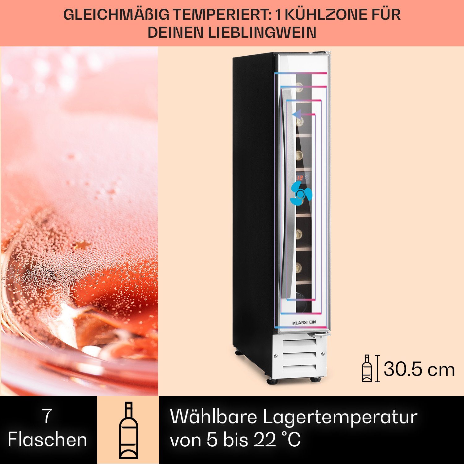 Klarstein Weinkühlschrank Vinovilla 7, für 7 Standardflaschen á 0,75l,Wein Flaschenkühlschrank Weintemperierschrank Weinschrank Kühlschrank