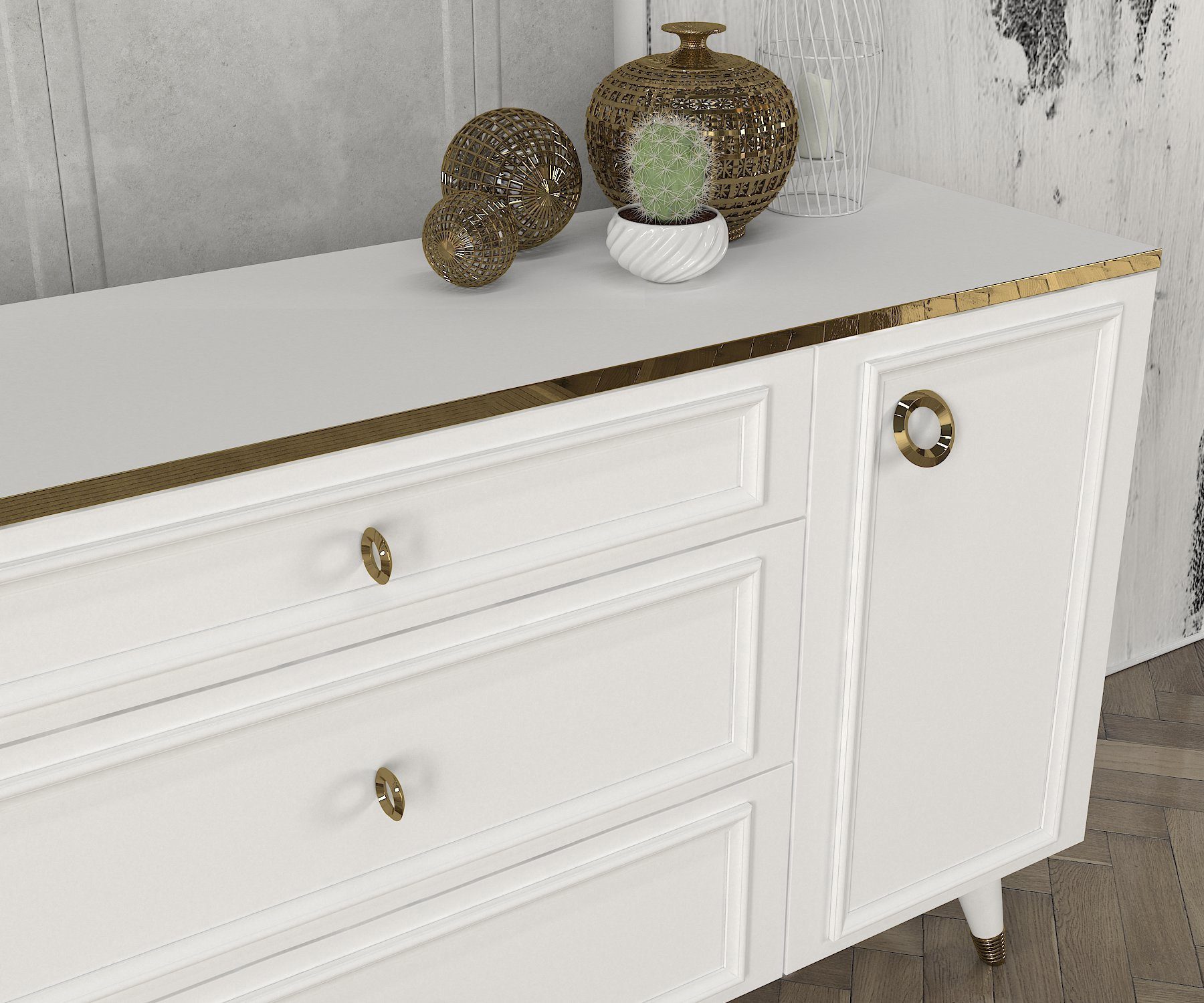 moebel17 Anrichte Sideboard Cornelia Weiß, Pflegeleichte Oberfläche, Sideboard mit Spiegel, Bietet viel Stauraum