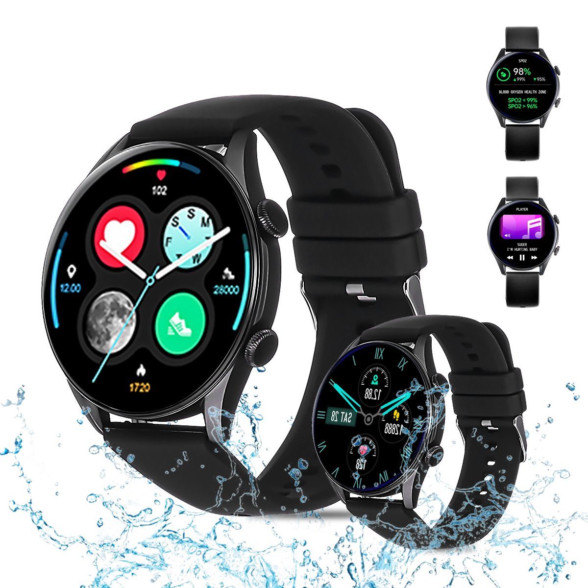 ombar Damen Herren Smartwatch mit Telefonfunktion,1,32 Zoll runde Armbanduhr Smartwatch (1.32 Zoll), mit 8 Sportmodi, Herzfrequenz, Schrittzähler, Schlafmonitor