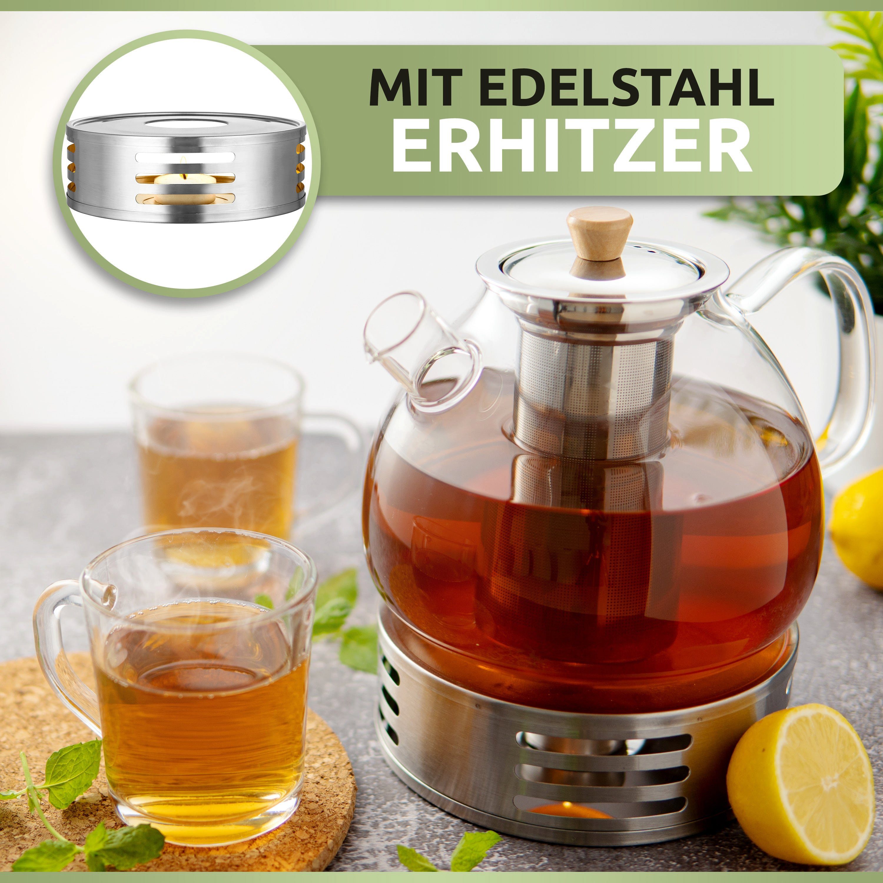PORADA Teekanne Teekanne aus Glas 1000 ml Edelstahl Erhitzer Teesieb, Tee Teekocher, 1 l, (Set, x1 Tekanne 1000ml, x1 Erhitzer, x1 Teesieb, x1 Deckel), handarbeit, extra Erhitzer, Stövchen, Edelstahl, Borosilikatglas
