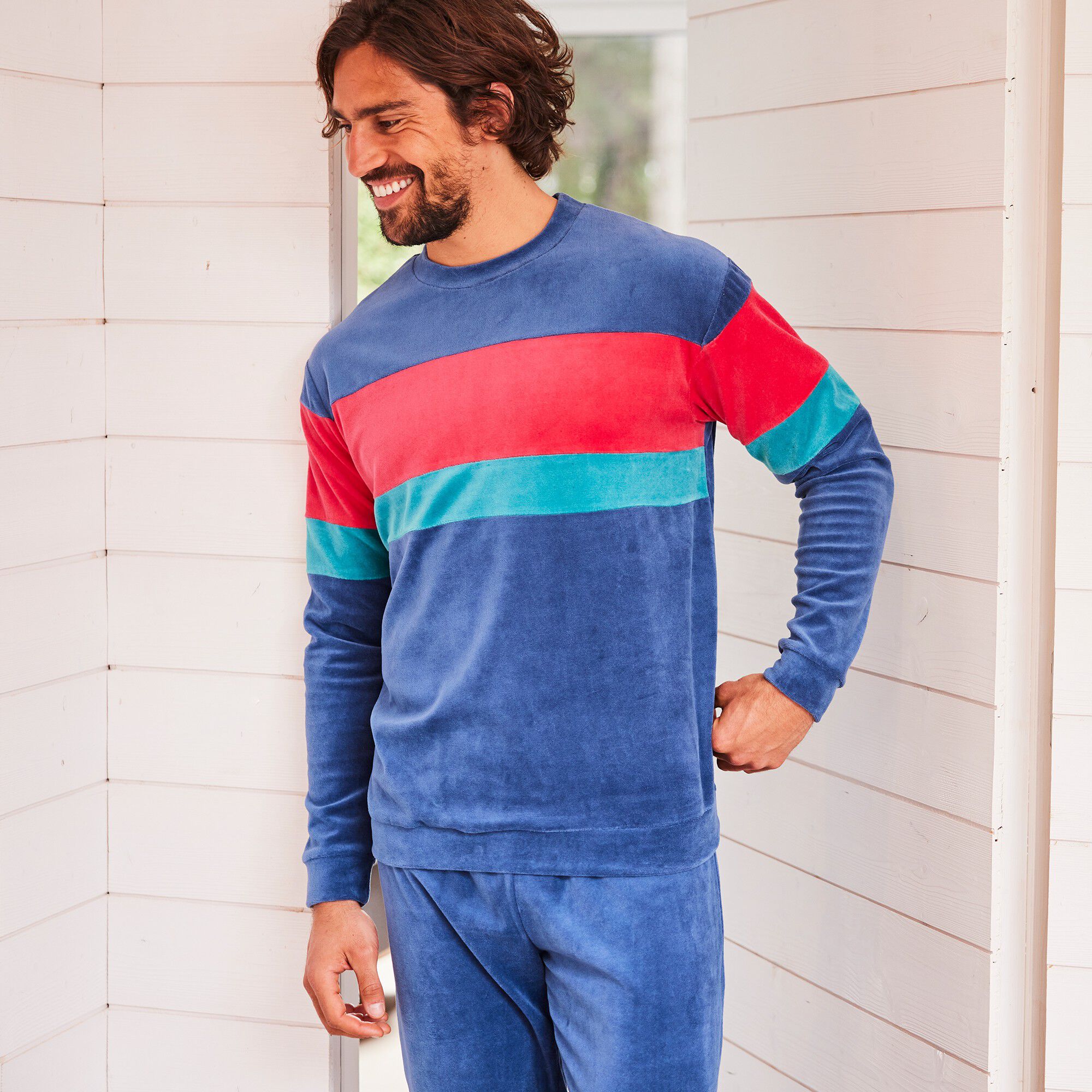Pyjama tricolore velours manches longues
