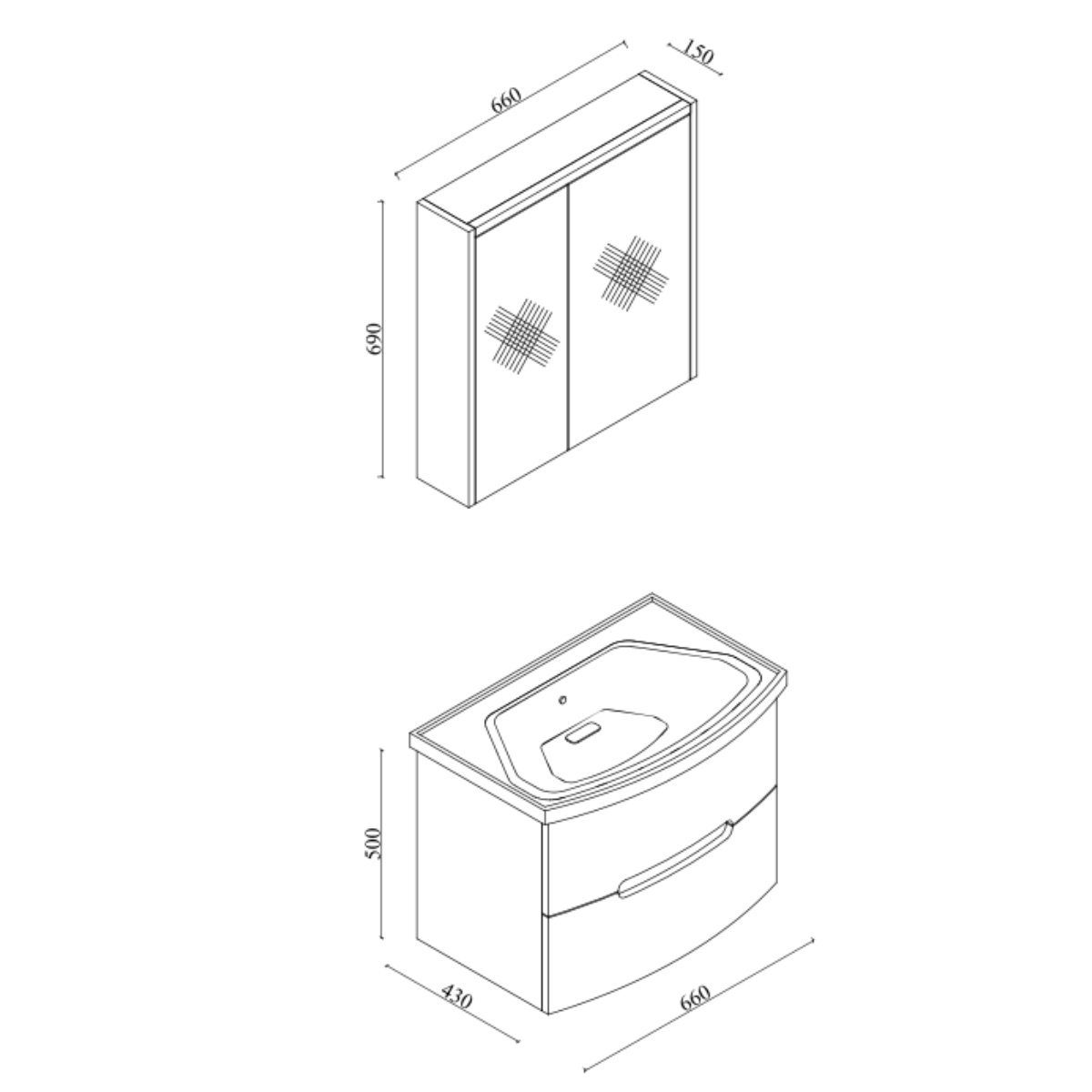 Karen Badmöbel-Set Royal, (Komplett-Set, 3-Teilig (Unterschrank, Spiegelschrank, Waschbecken), 3-St., Unterschrank mit Schubladen, Spiegelschrank mit Türen & Regalen), Geschwungenes Design, Acryl-Beschichtung, Softclose, Griffmulden