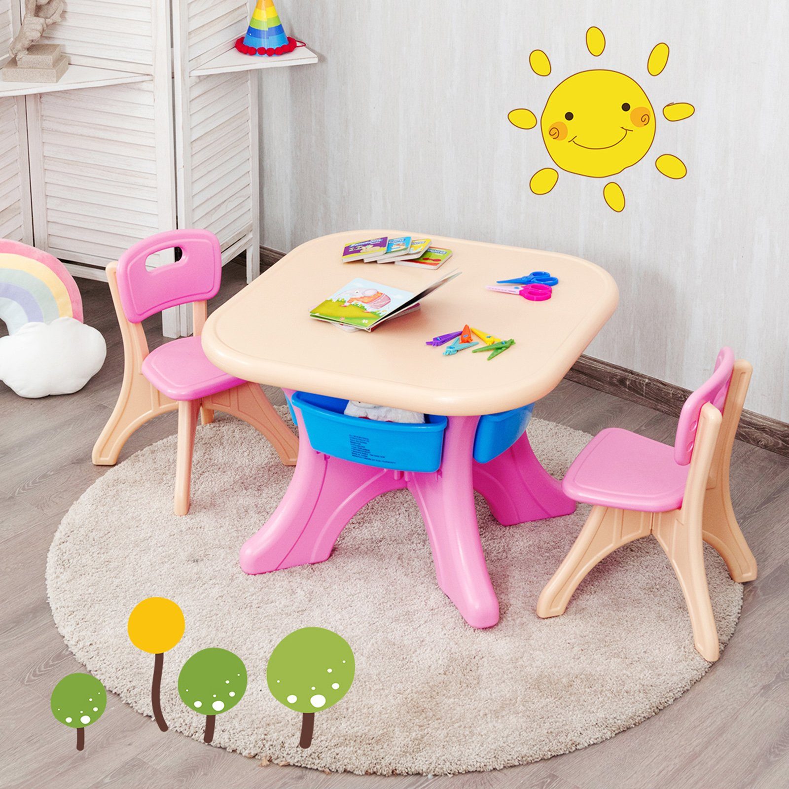 COSTWAY Kindersitzgruppe, mit 2 Stühlen&Kindertisch, mit Stauraum, Kunststoff