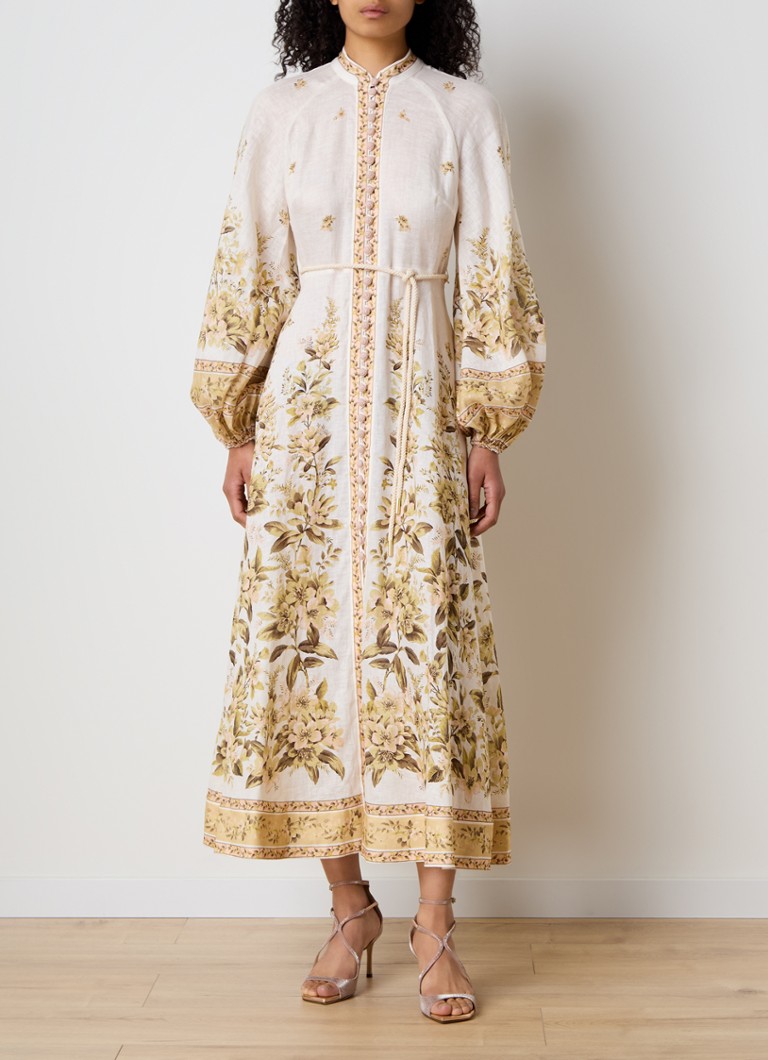 Zimmermann linen midi shirt dress with floral print and tie belt