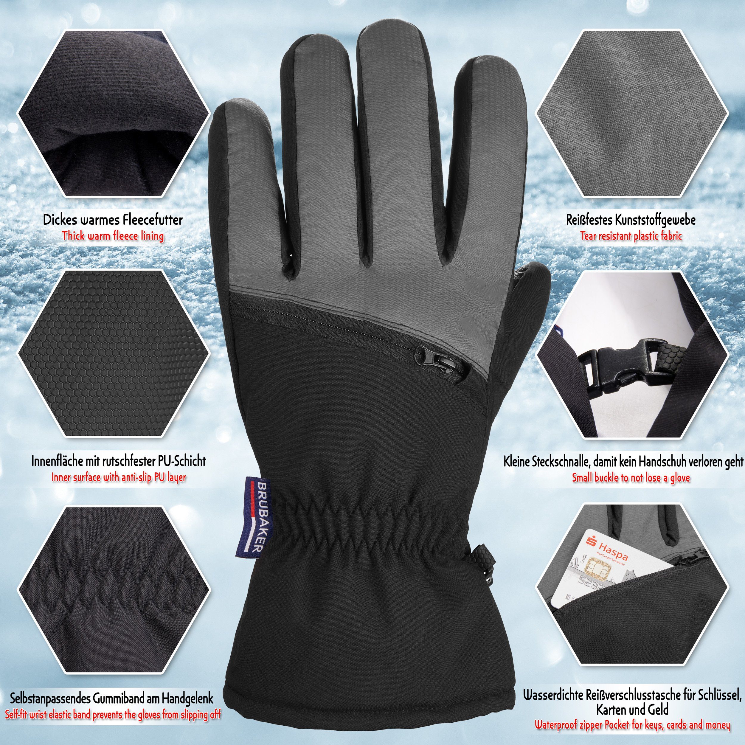 BRUBAKER Skihandschuhe Wasserdicht & Winddicht mit Reißverschluss Tasche Winterhandschuhe für Herren und Damen - Extra Warme Snowboardhandschuhe - Thermo Handschuhe für Snowboard - Schwarz Grau