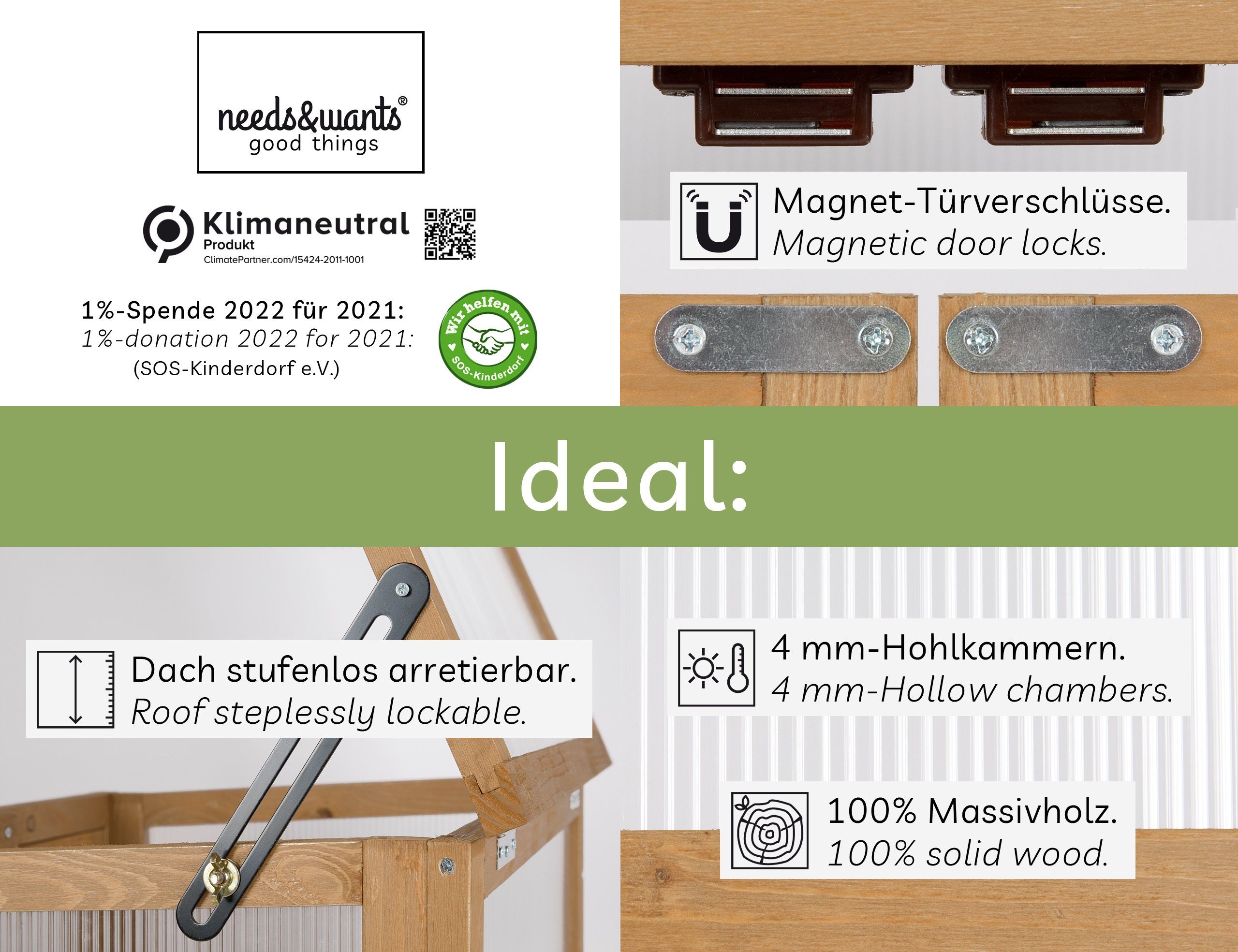 needs&wants® Gewächshaus Mini Treibhaus klein winterfest aus Holz für Balkon Garten Zimmer Indoor, Frühbeet Hochbeet Anzucht Aufzucht von Pflanzen Pflanzschrank Anzuchthaus, 56x43x76 cm, Polycarbonat, braun