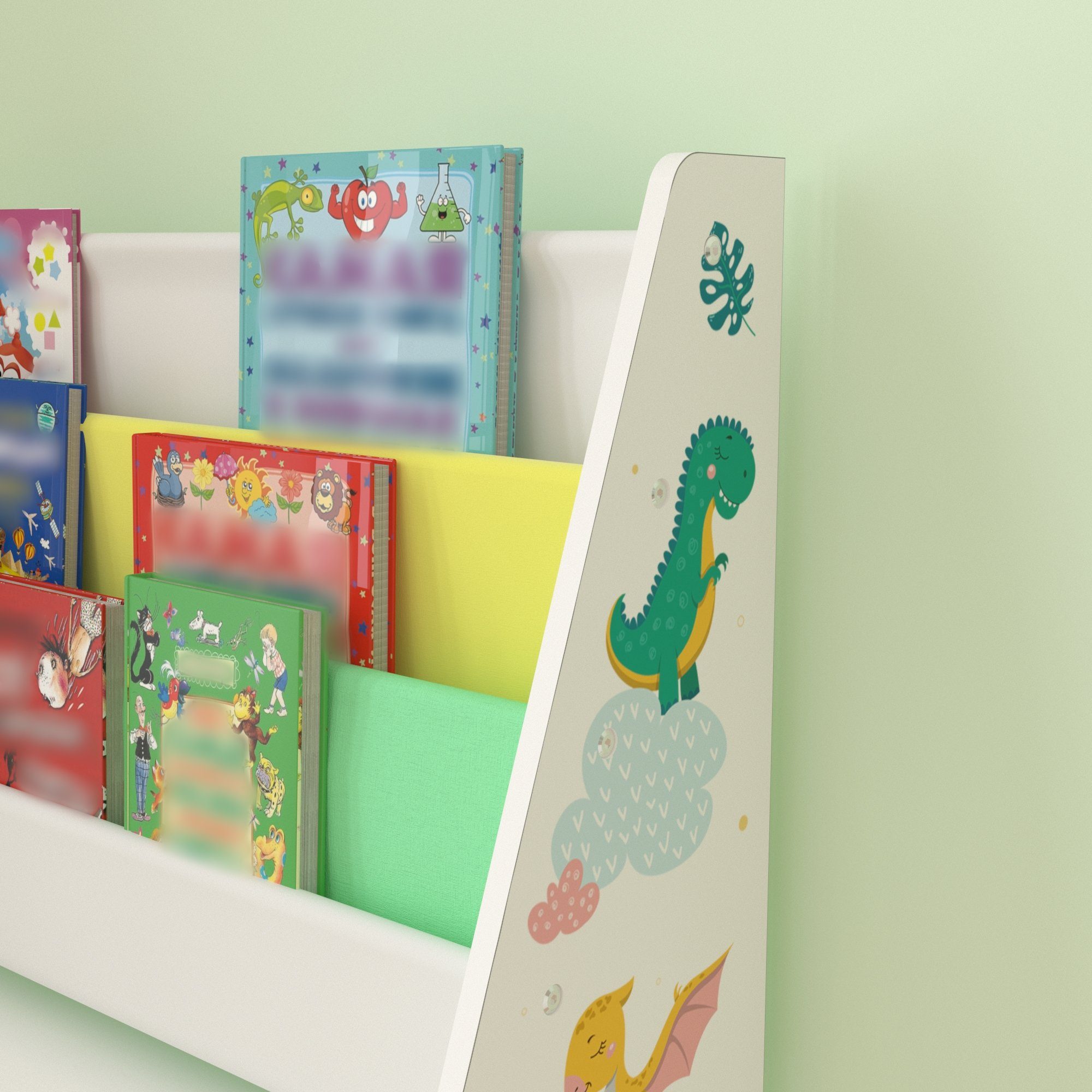 en.casa Bücherregal, Neda Kinderregal 74x71x23 cm mit Dinosaurier-Motiv Weiß/Grün/Gelb