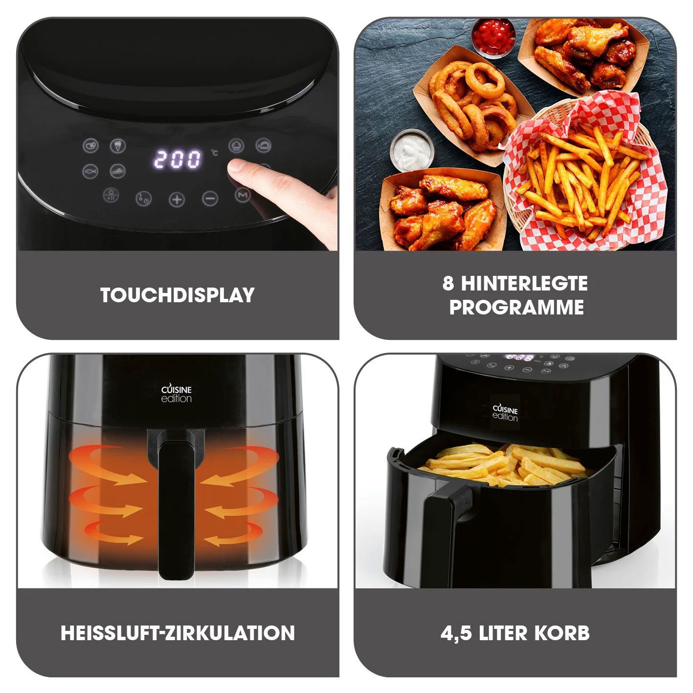 Cuisine Edition Heißluftfritteuse 12081, 1450 W, 8 voreingestellte Programme inkl. Dörren, Timer, Touch-Display