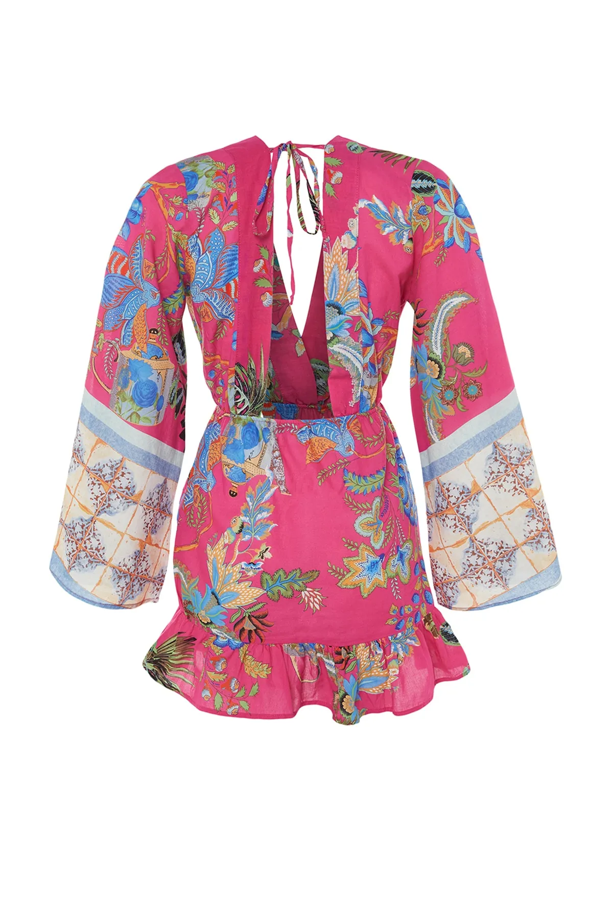 Trendyol Collection  Blumengemustertes Mini-Strandkleid mit gewebtem Volant aus 100 % Baumwolle TBESS23EL00030