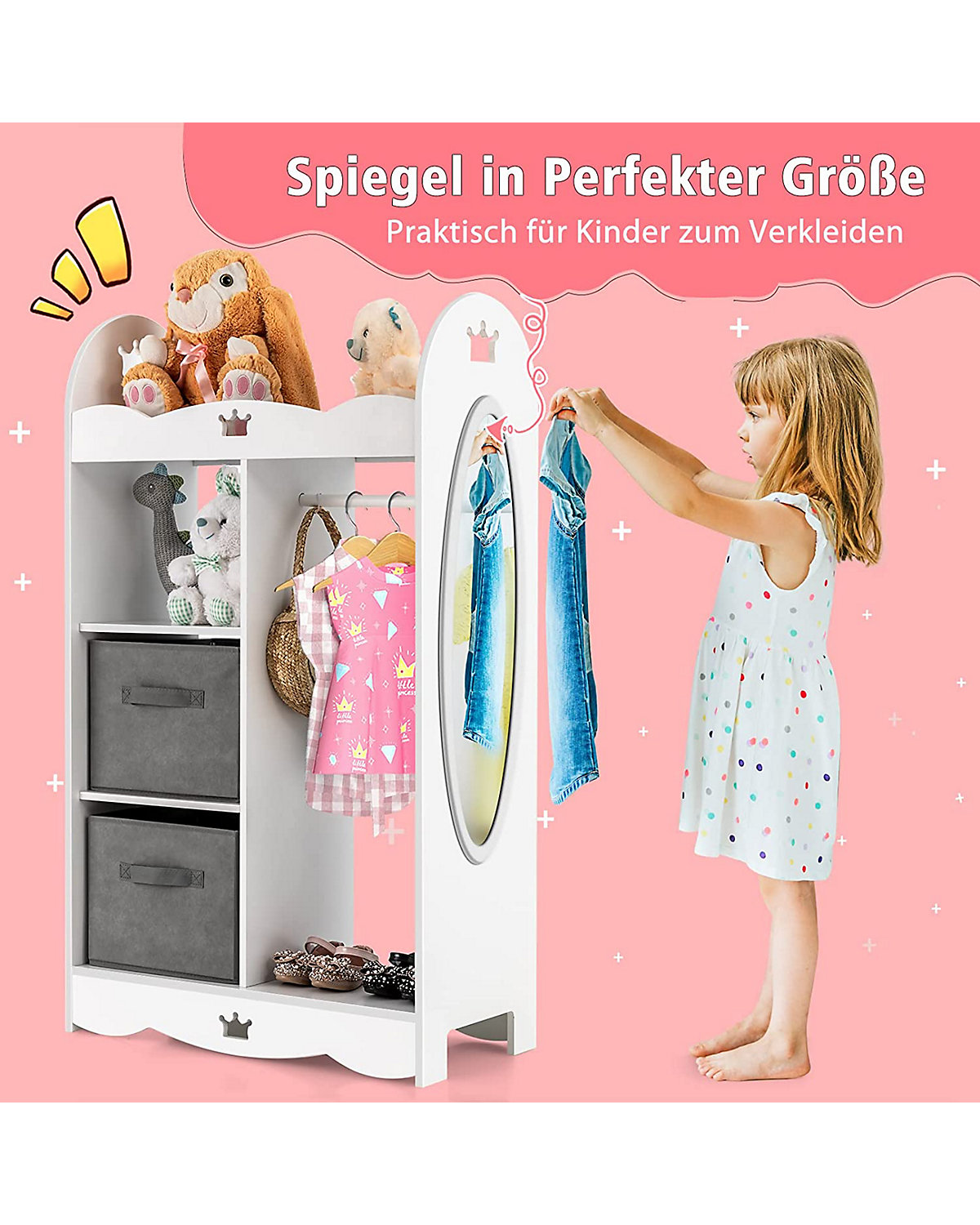Kleiderschrank Kinder mit Spiegel & 2 Stoffbox