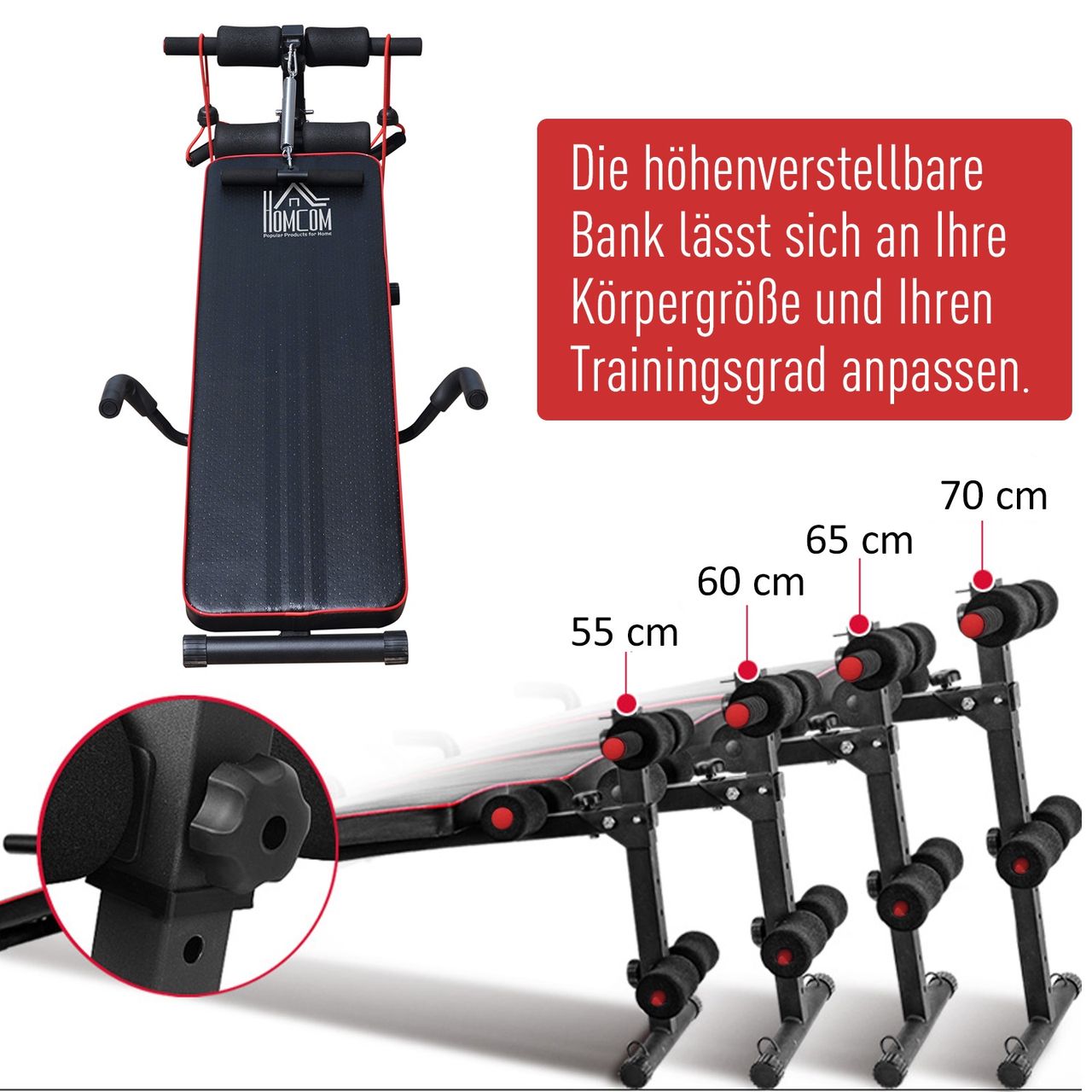 HOMCOM Sit Up Bank Bauchtrainer Trainingsbank Fitnessbank inkl. Widerstandsbände Schwarz   Rot 55,5 x 137,5 x (50–68) cm 120 kg Belastbarkeit