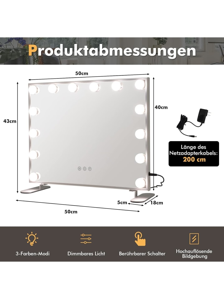 COSTWAY Kosmetikspiegel mit 15 LEDs in Silber günstig kaufen 50 cm