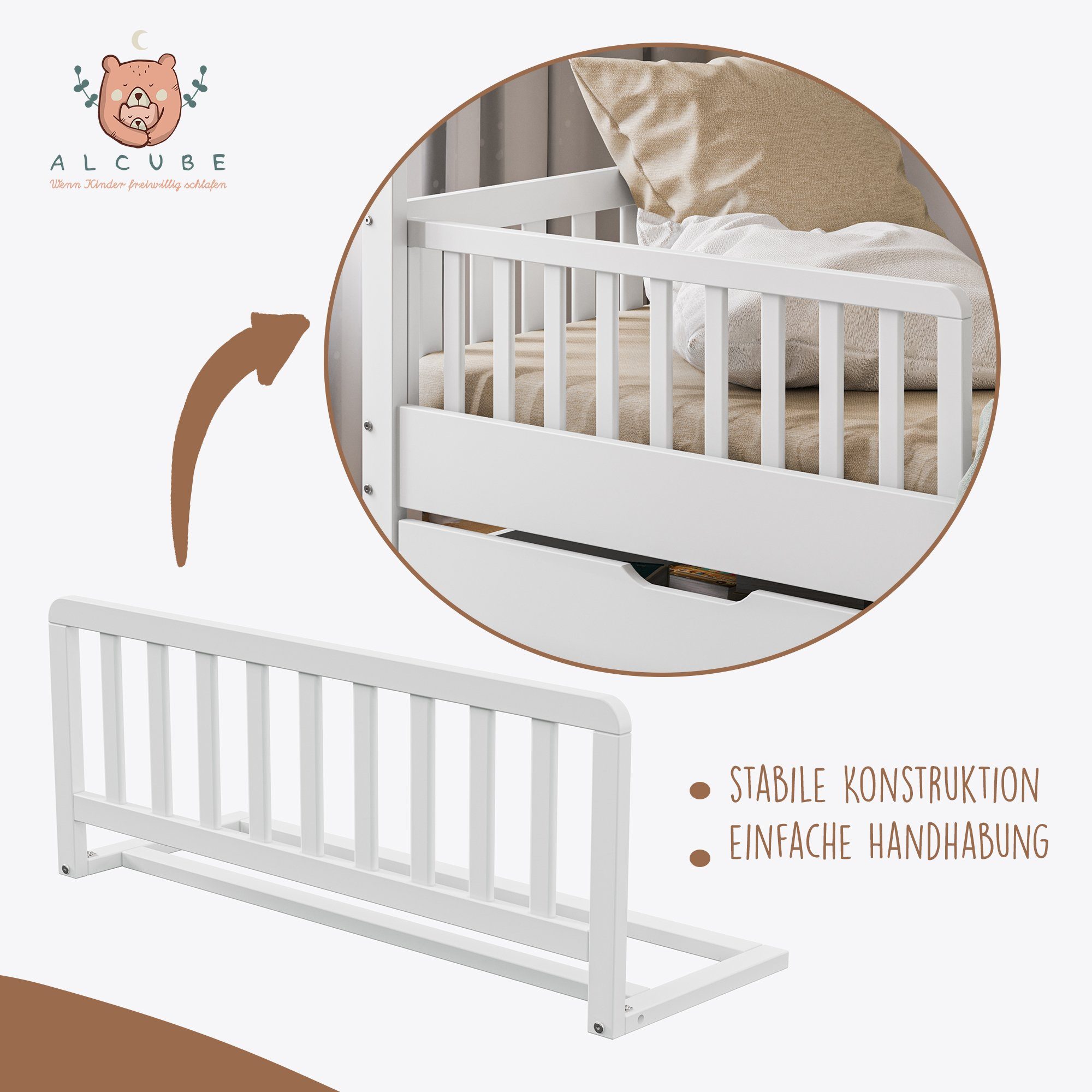 Alcube Bettschutzgitter für Kinder aus Kiefernholz I GRATIS Lieferung (90x36 cm Bettgitter in weiß I kombinierbar mit dem Elternbett oder, Kinderbett wie Hausbett), Tipibett I verwendbar als Rausfallschutz für Bett