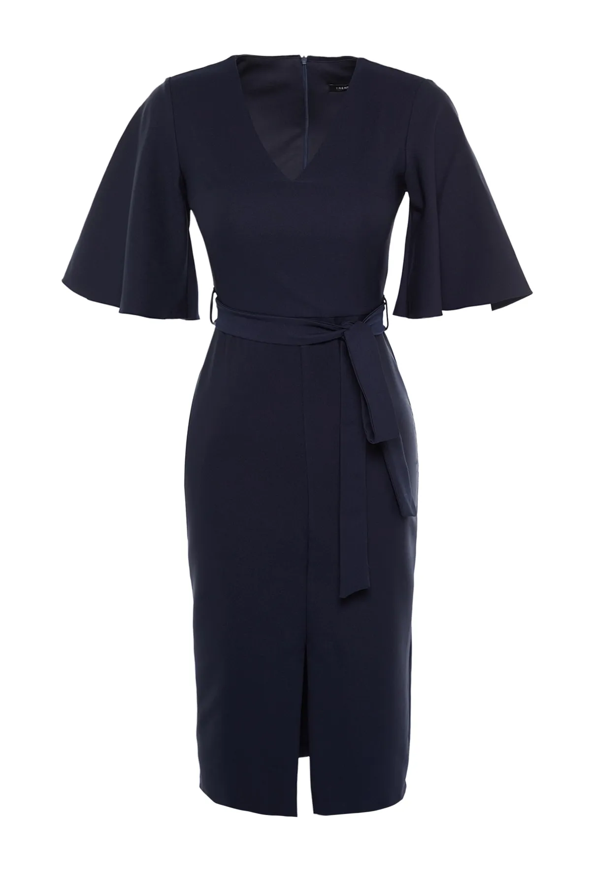 Trendyol Collection  Marineblaues, gerade geschnittenes Midi-Webkleid mit Gürtel und V-Ausschnitt TWOAW21EL1889
