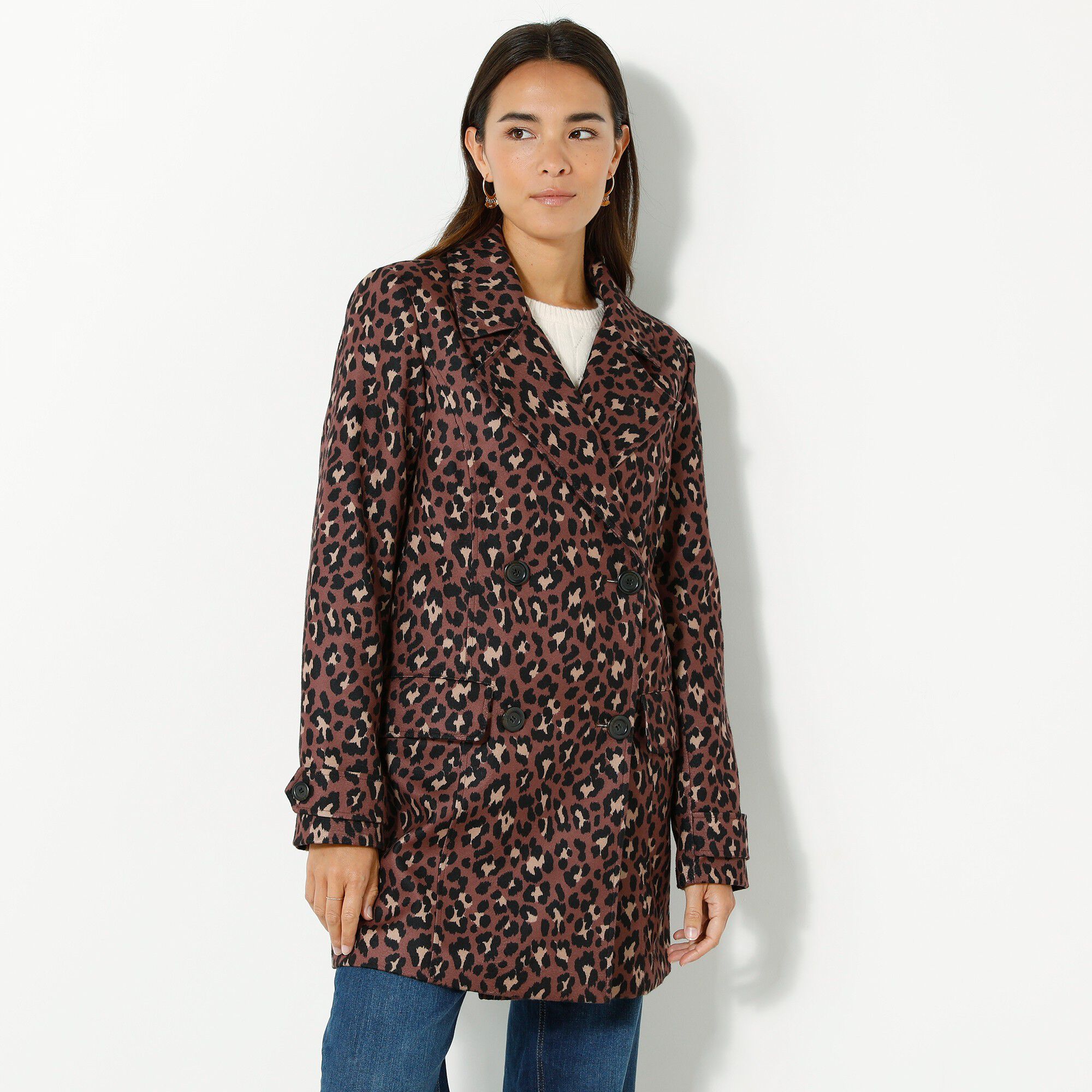 Manteau caban imprimé peau de bête aspect drap de laine