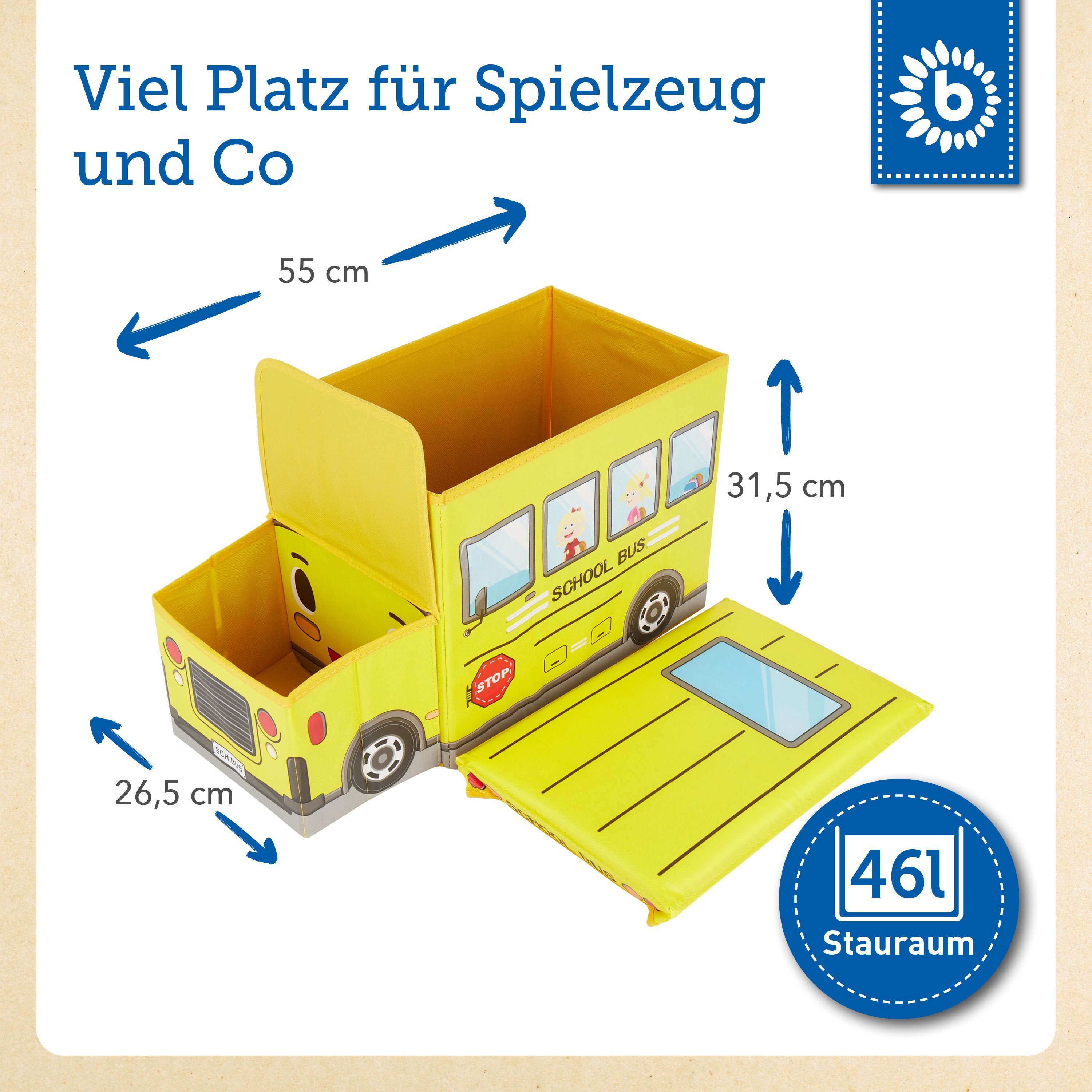 BIECO Spielzeugtruhe Bieco Aufbewahrungsbox mit Deckel Kinder Schulbus, faltbar, Sitzhocker mit Sitzgelegenheit, und Polsterung, Spielzeugkiste mit Stauraum, Sitztruhe, Jungen & Mädchen, 46 L, Belastbar bis 80 Kg, gelb