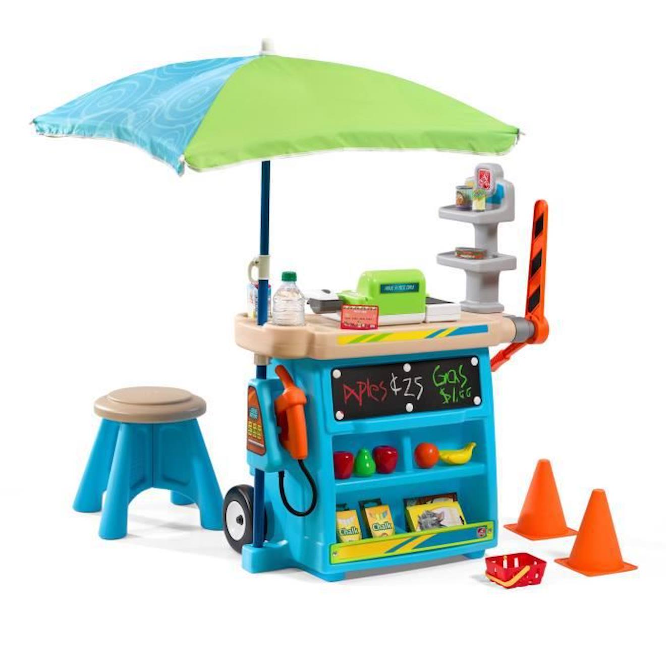 Step2 Stop & Go Marchande Enfant avec accessoires | Supermarché / Stand de Vente / Epicerie pour enfants avec Station-Service bleu