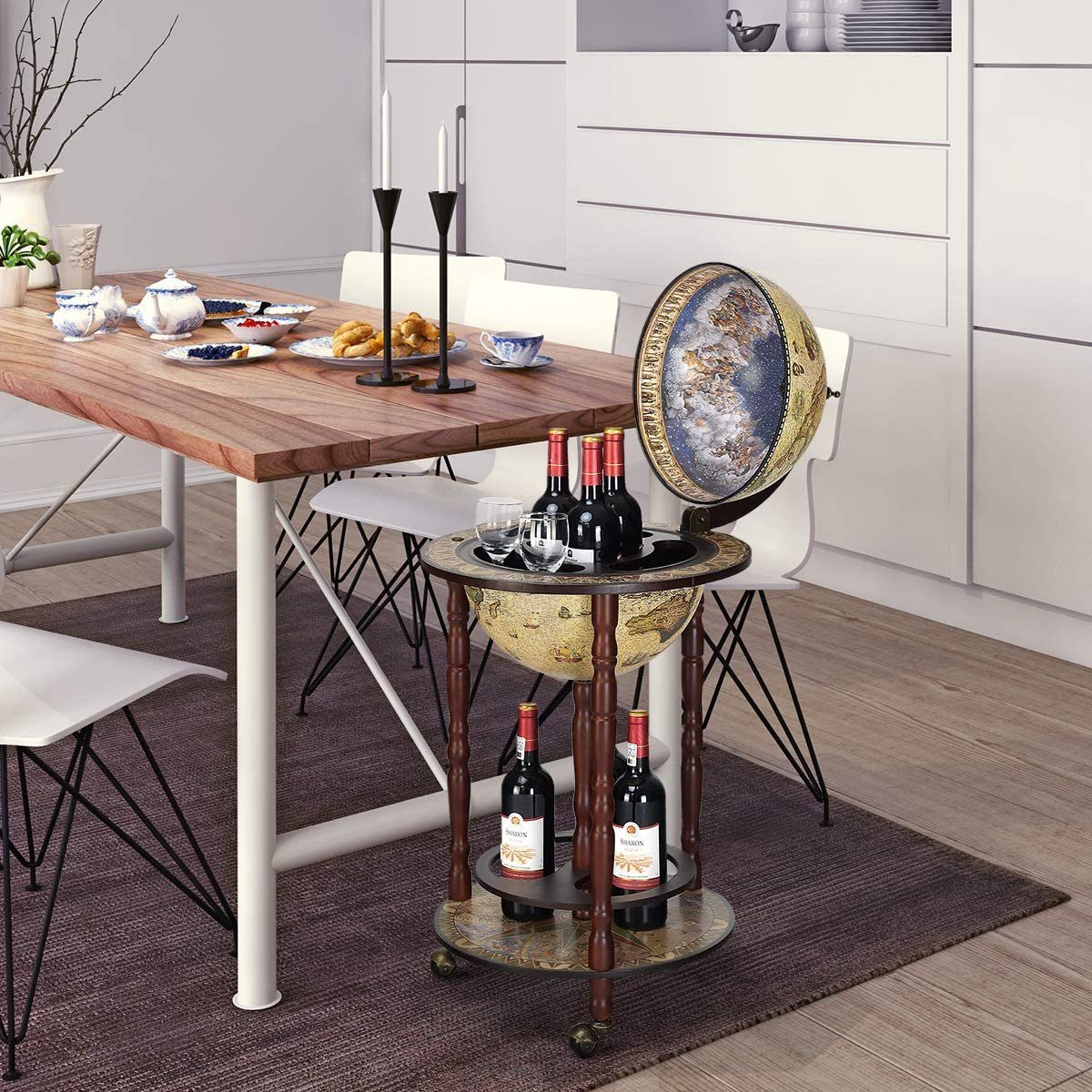 KOMFOTTEU Bartisch Globus Bar Barwagen, Weinregal, Hausbar, Cocktailbarmit Rollen, 88 x 45 cm