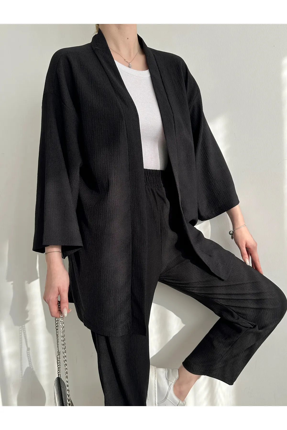 BEJNA  Schwarzes Kimono-Hosen-Strickset für Damen