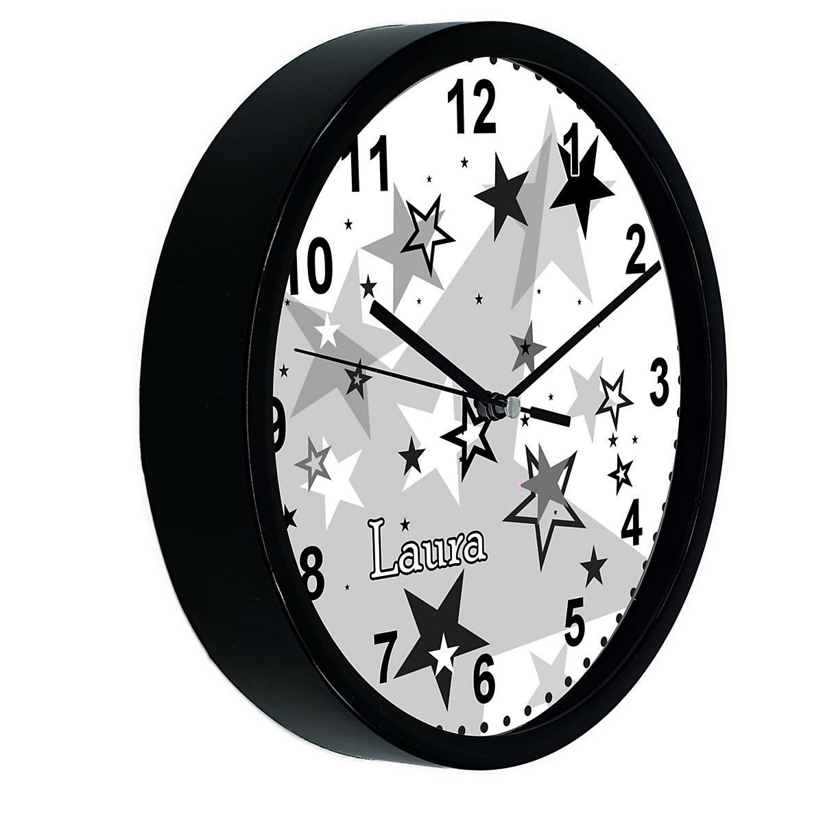 Kinder Wanduhr laufruhig personalisiert mit Name Sternenhimmel Schwarz