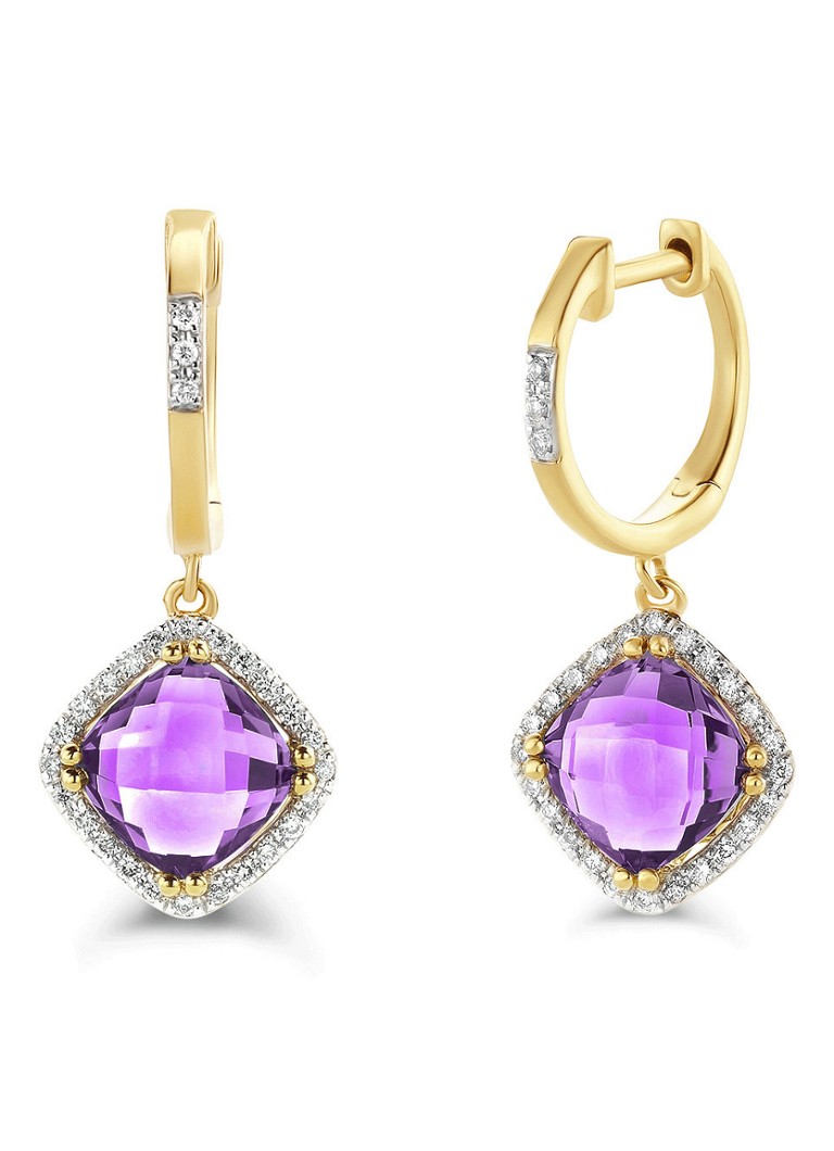 Diamond Point Yellow Gold Earrings 3.01 ct Amethyst Fiesta
