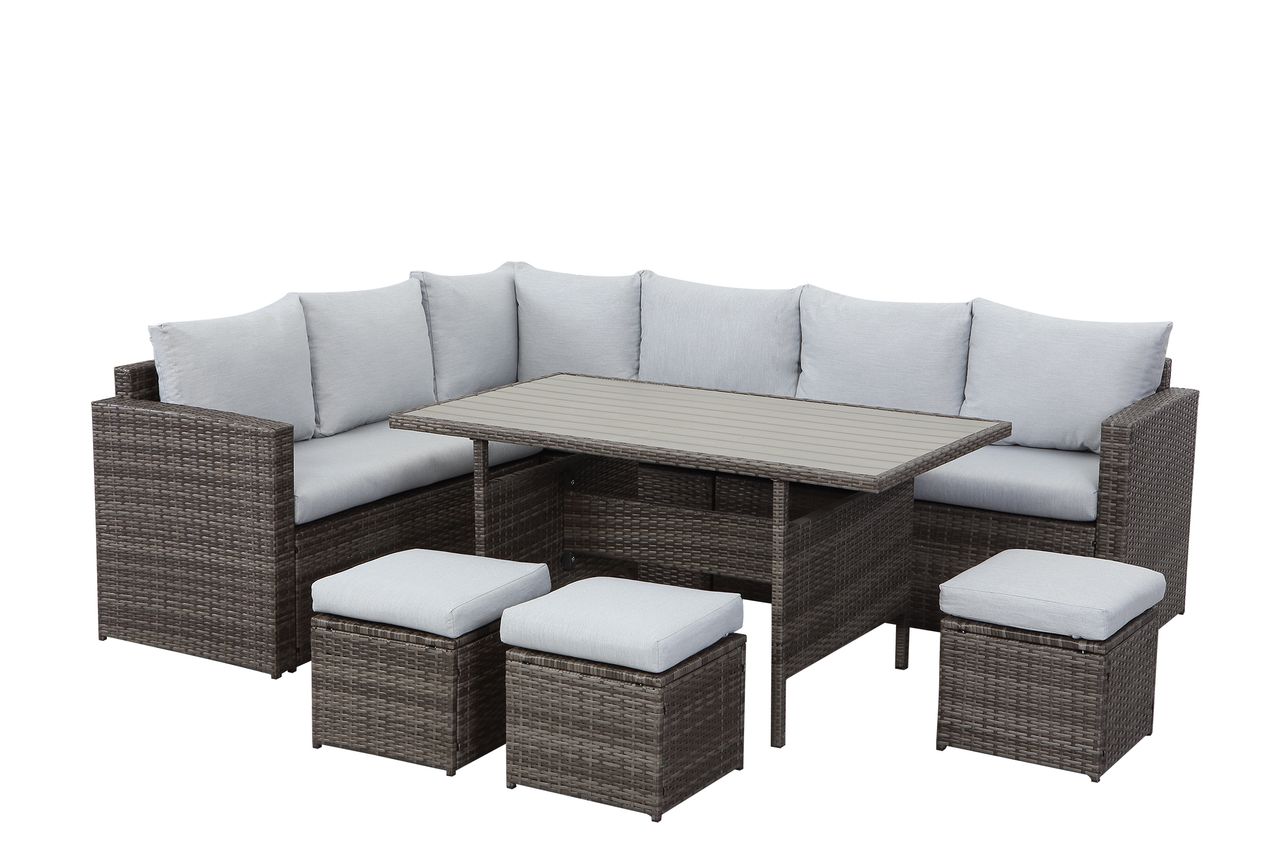MeXo Lounge Set Polyrattan Gartenmöbel 7-teile für 6-9 Personen Garten & Balkon (grau & hellgrau)