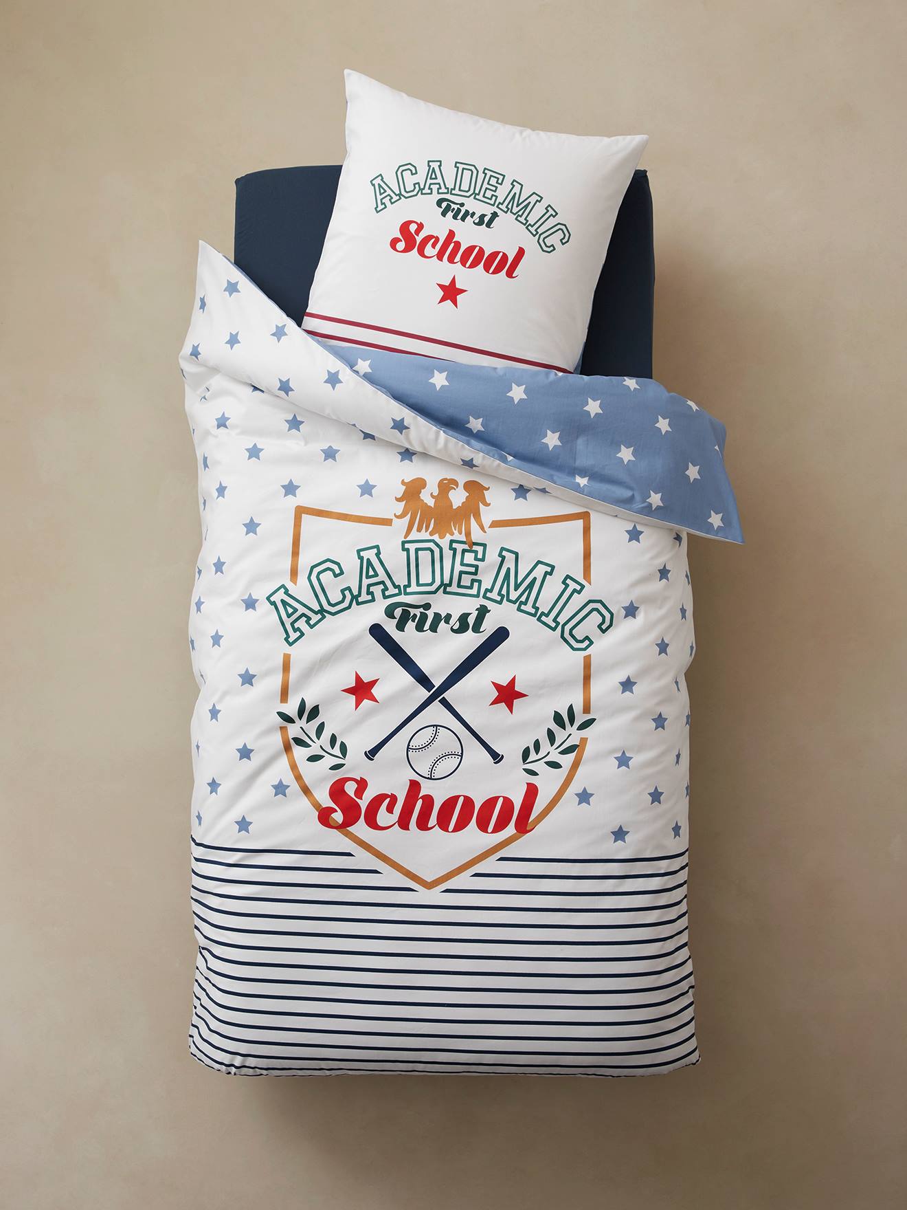 Parure housse de couette + taie d'oreiller enfant Academic écru
