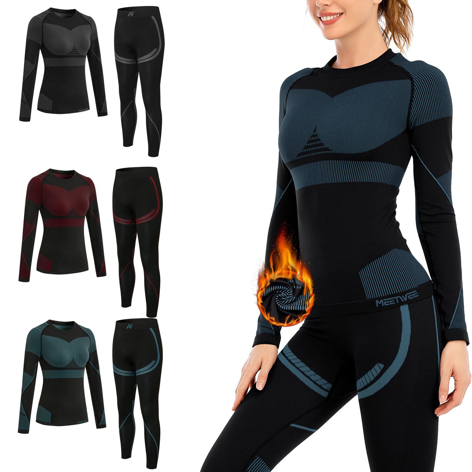 MEETYOO Thermounterhemd Damen Thermounterwäsche Set (Funktionsunterwäsche Skiunterwäsche Set, Lange Unterhosen Kompressionsanzug) Skifahren Lange Thermohemd Unterhose