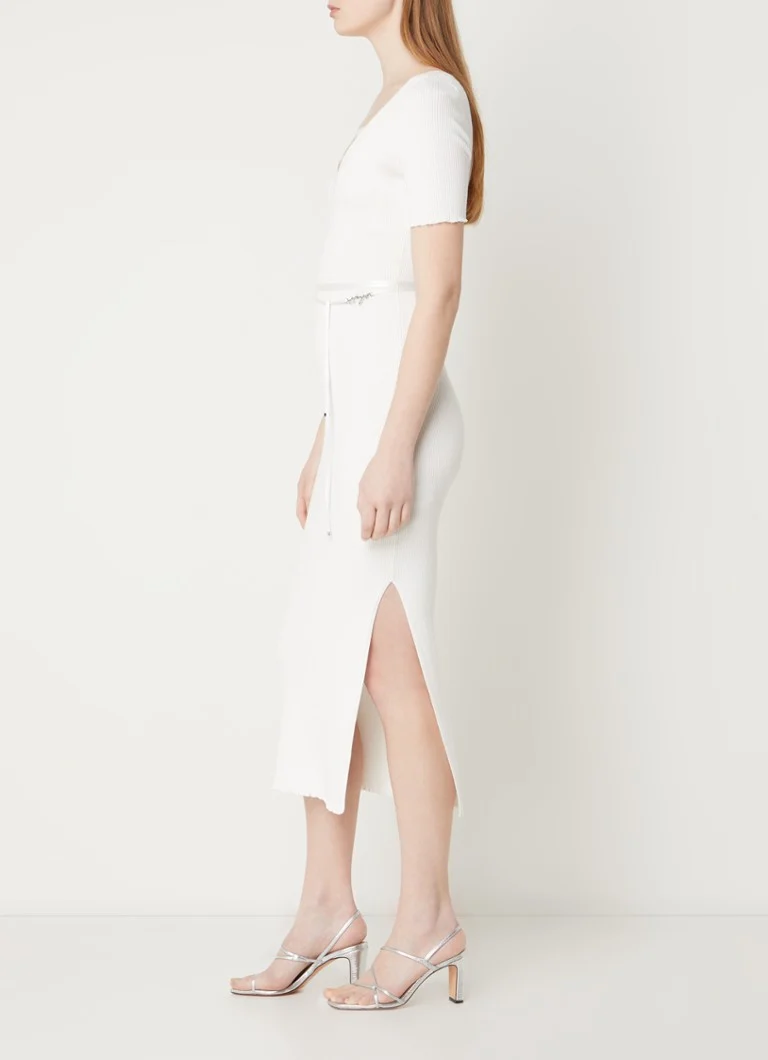 HUGO BOSS Vestido midi sencillo de canalé con cinturón y abertura