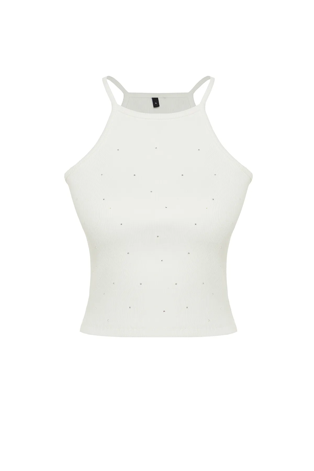 Trendyol Collection  Ecrufarbene, figurbetonte, kurze Bluse aus geripptem Stretch-Strick mit Steindetail TWOSS23BZ00568