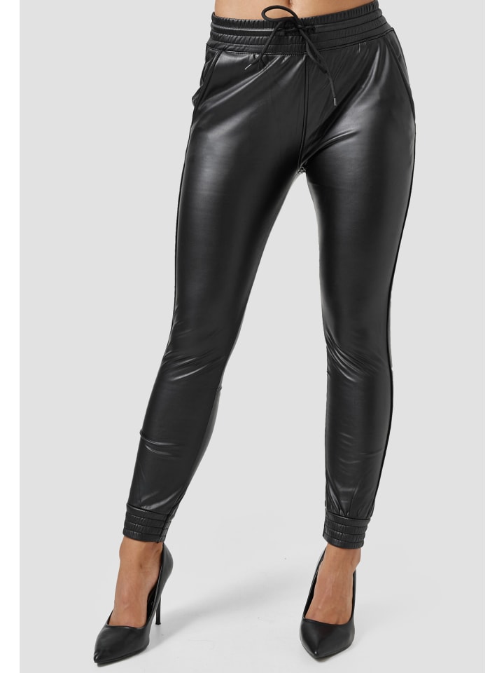 Newplay Leder Optik Stretch Hose Beschichtet Coated Jogger Pants Gefüttert in Schwarz günstig kaufen