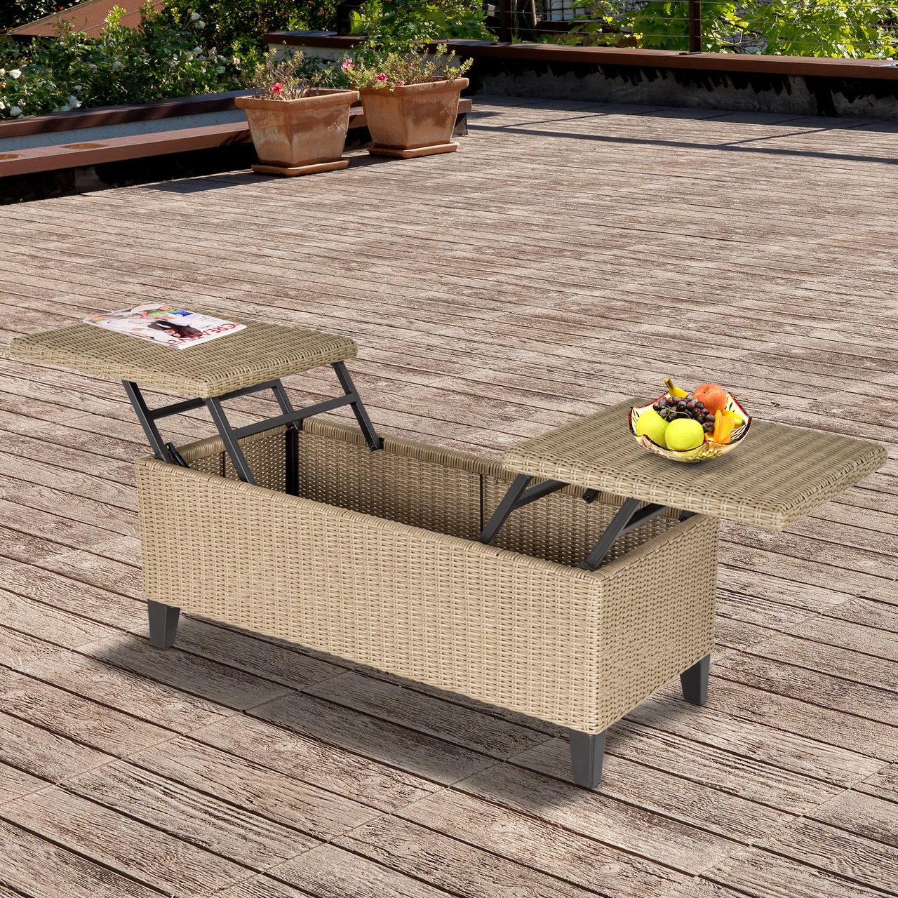 Outsunny Polyrattan Garten Balkontisch ausziehbar Stahl Khaki 103 x 50 x 45,5 cm