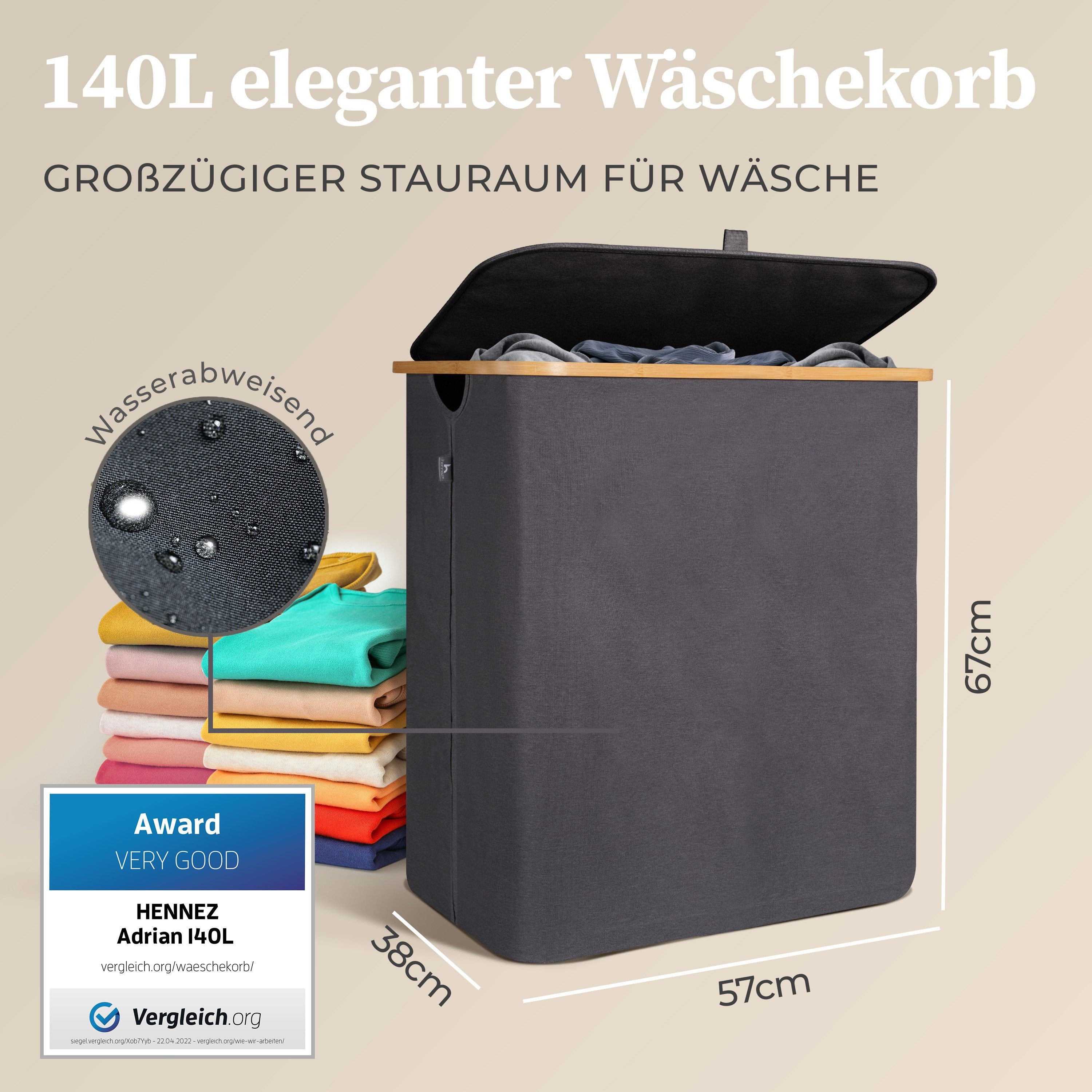 HENNEZ Wäschekorb 140 L mit Deckel, 2 Fächer (inkl. 2 herausnehmbare Wäschesäcke), Wäschesammler schmal 57 x 38 x 67 cm (L x B x H)