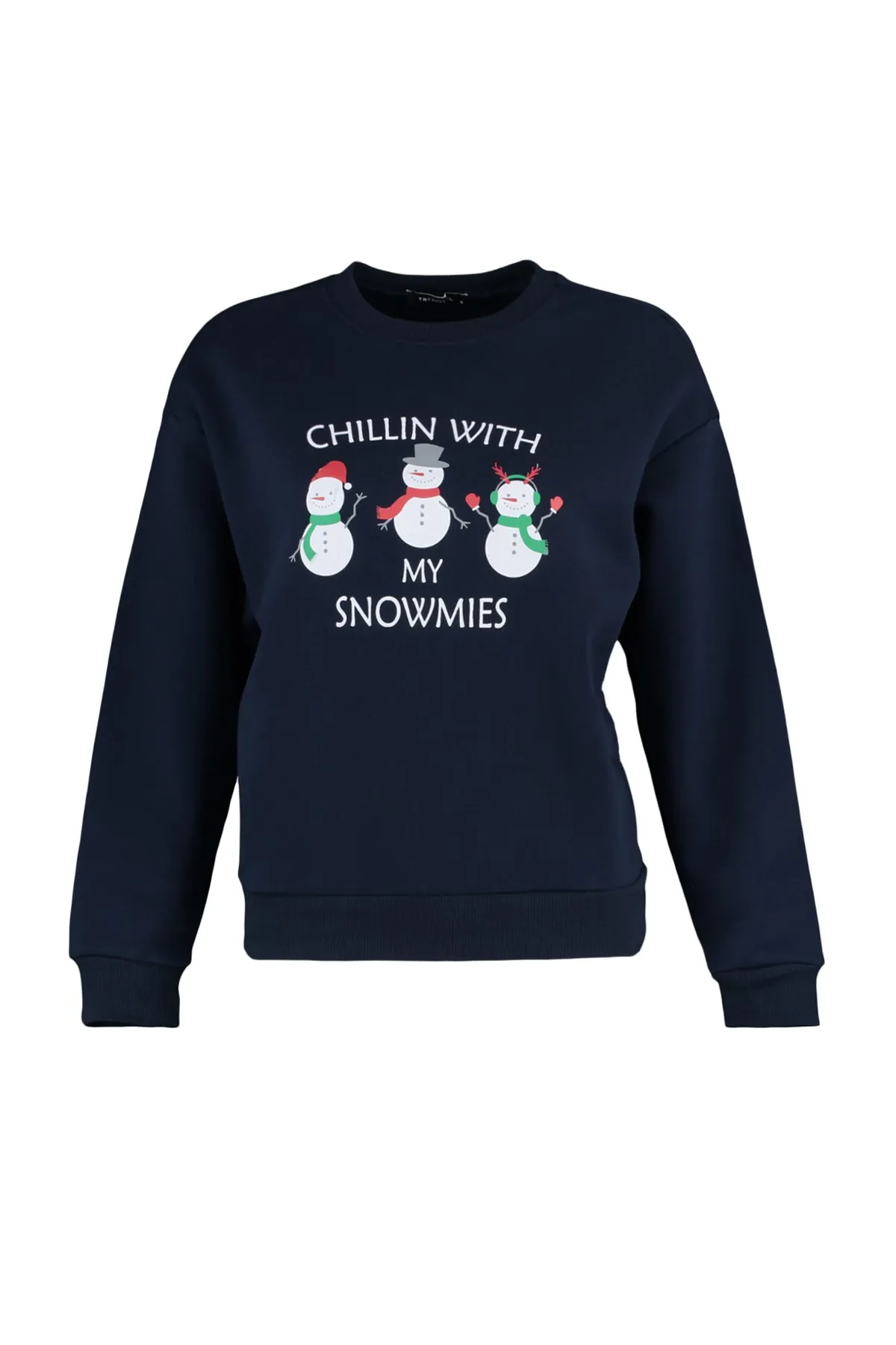 Trendyol Collection  Marineblaues bedrucktes Basic-Sweatshirt aus dickem Fleece innen TWOAW23SW00436