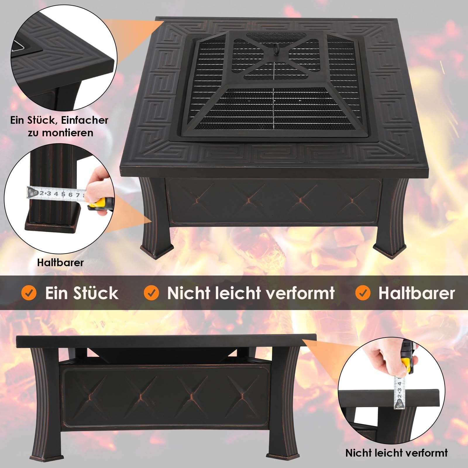 TLGREEN Feuerschale, 81x81 cm Feuerkorb mit Grillrost, Heizung & Grillen