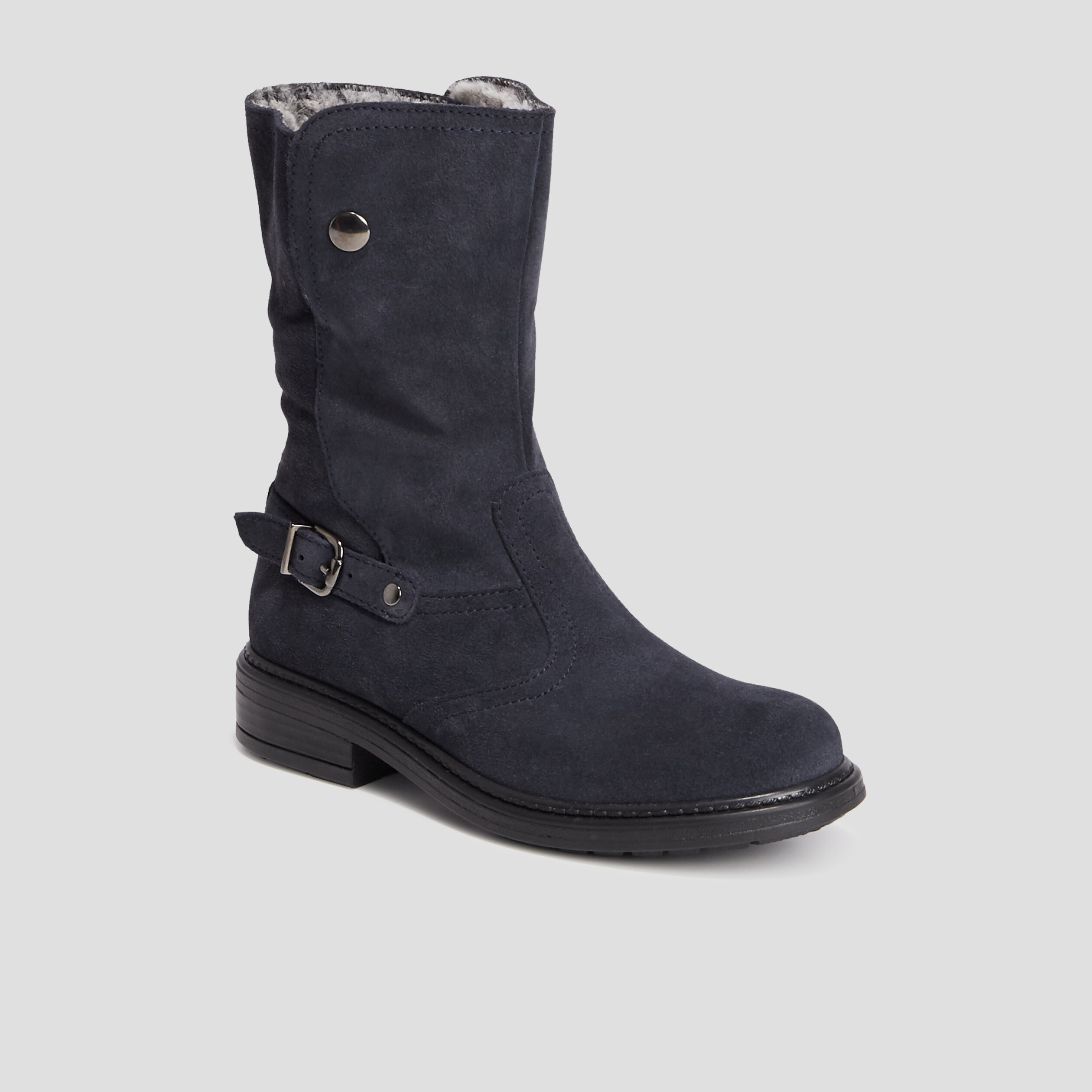 Bottes zippées en cuir fourrées bleu marine fille | La Halle
