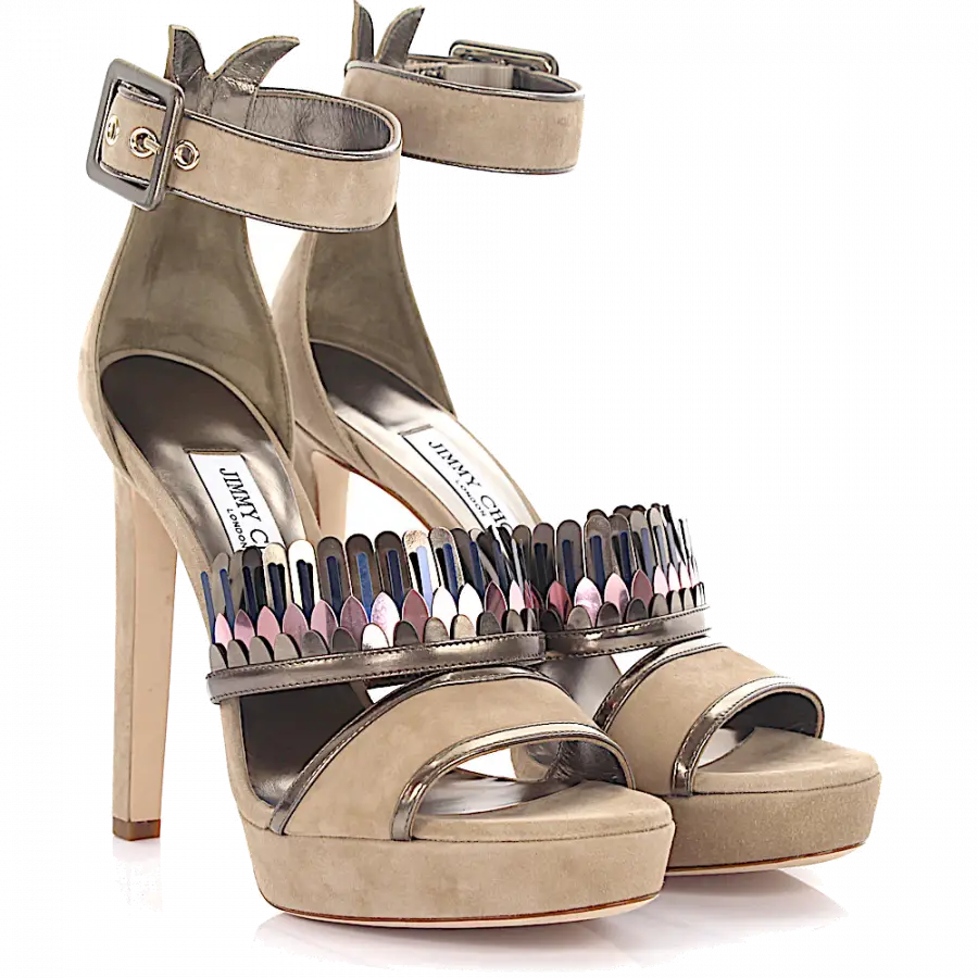 Jimmy Choo - High Heels Glattleder Kalbsleder Veloursleder Fransen beige gold pink - beige