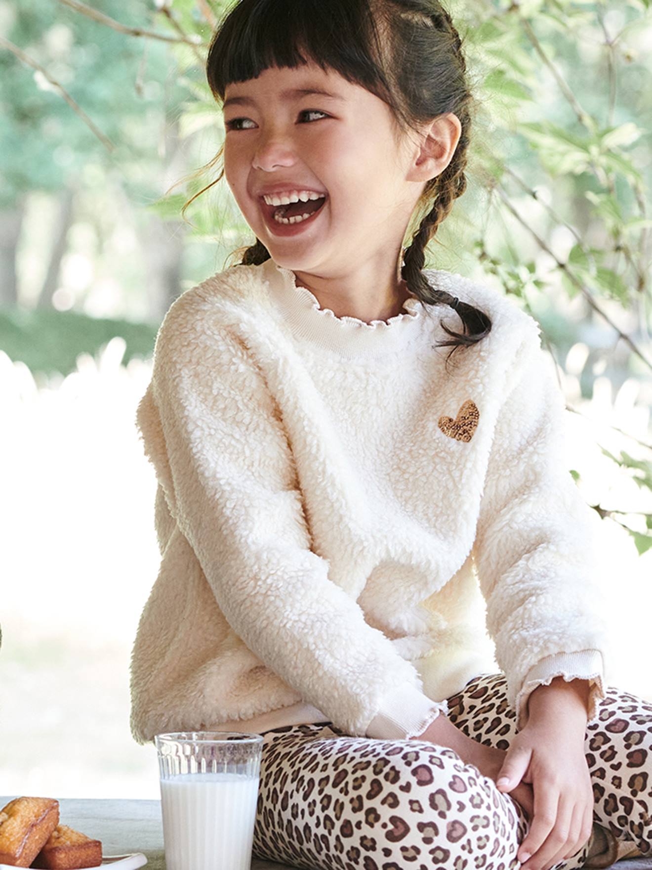 Sweat en sherpa fille finitions fantaisie beige