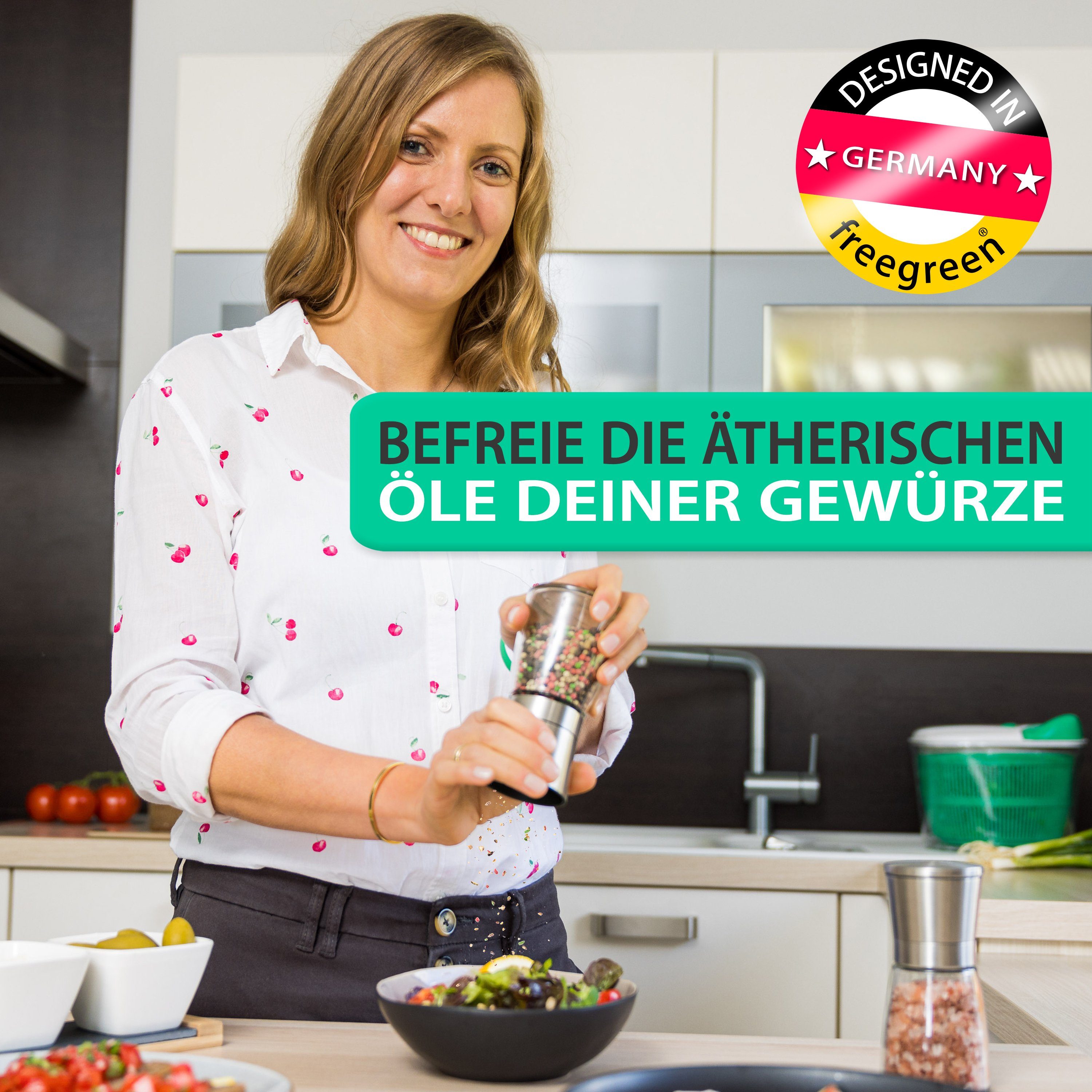 freegreen® Gewürzmühle PREMIUM Salz und Pfeffermühle 14cm 2er Set + Clean Eating Kochbuch Manuell für ein einzigartig gleichmäßiges Mahlergebnis!, mit verstellbarem Keramik-Mahlwerk und Geschenkverpackung